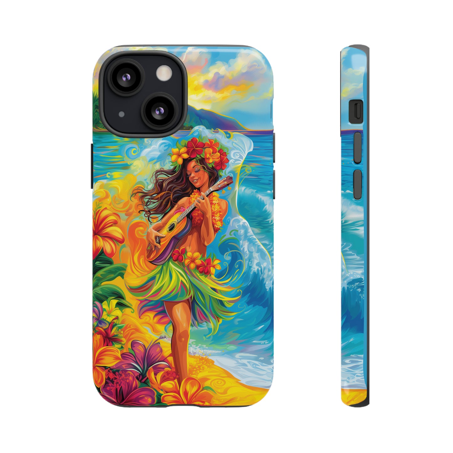 Ukulele Hula Girl Hawaiian Phone Case, Tropical, Hibiscus, Wireless Compatible, Protective Cell Phone Case for iPhone, Samsung, Pixel phones