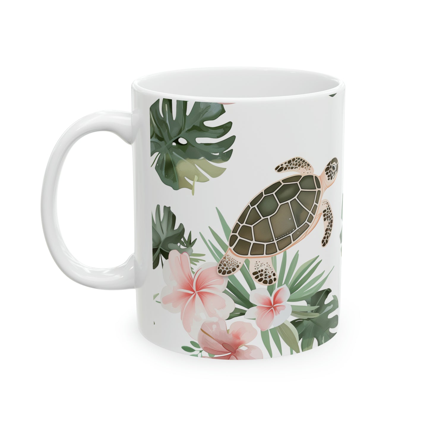 Turtles Honu Plumeria Green Leaves Hawaiian Ceramic Mug 11oz, Hawaii Mug, HI Mug, Aloha Mug, 808 Mug, Island Mug, Tropical Mug, Coffee Mug