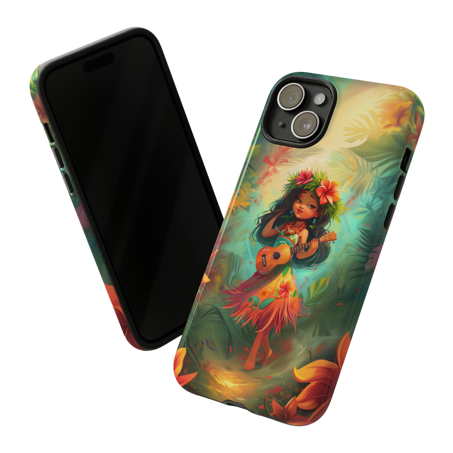 Cute Hula Girl Ukulele Hawaiian Phone Case, Tropical, Hibiscus, Wireless Compatible, Protective Cell Phone Case for iPhone, Samsung, Pixel