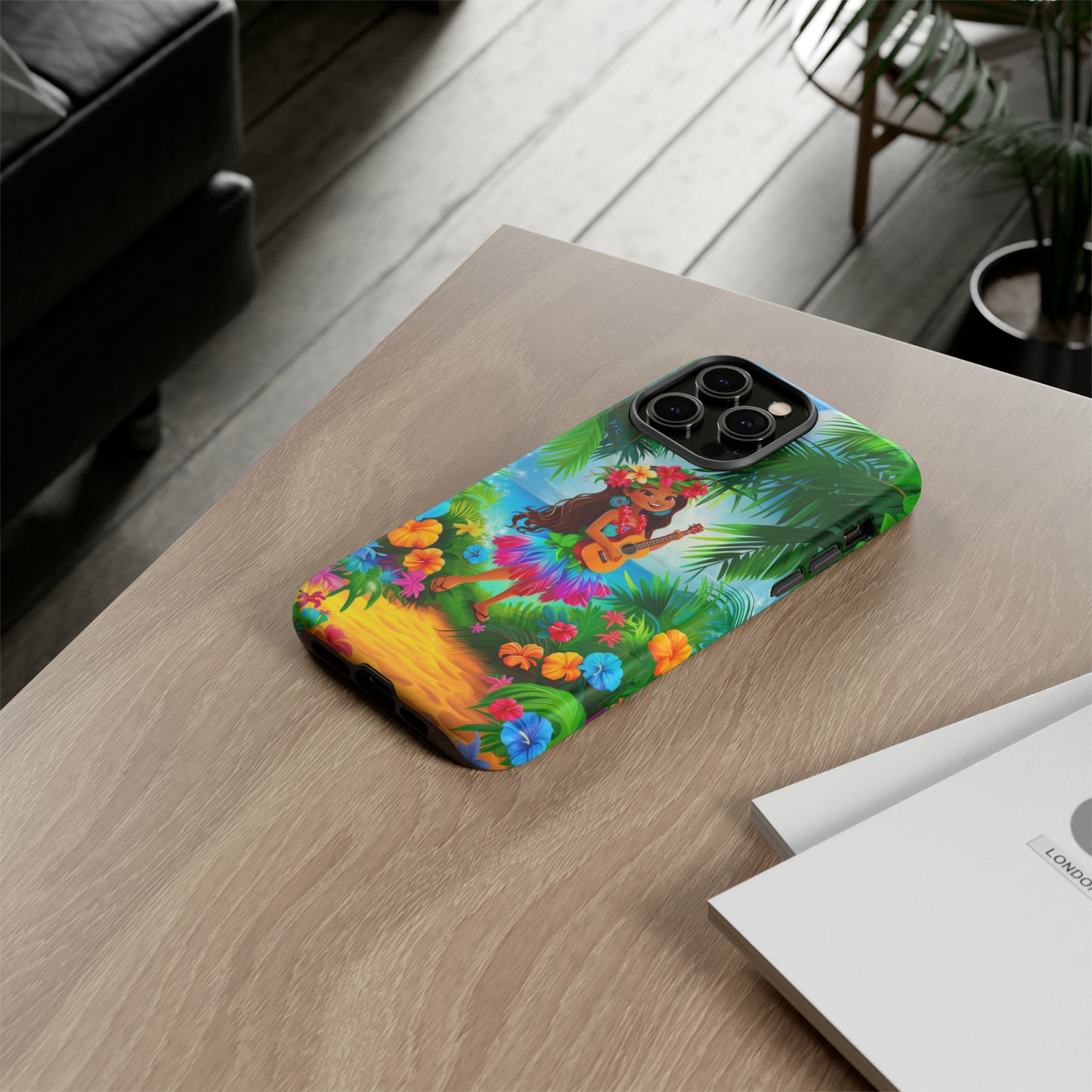 Hula Girl Ukulele Hawaiian Phone Case, Tropical, Hibiscus, Wireless Compatible, Protective Cell Phone Case for iPhone, Samsung, Pixel phones