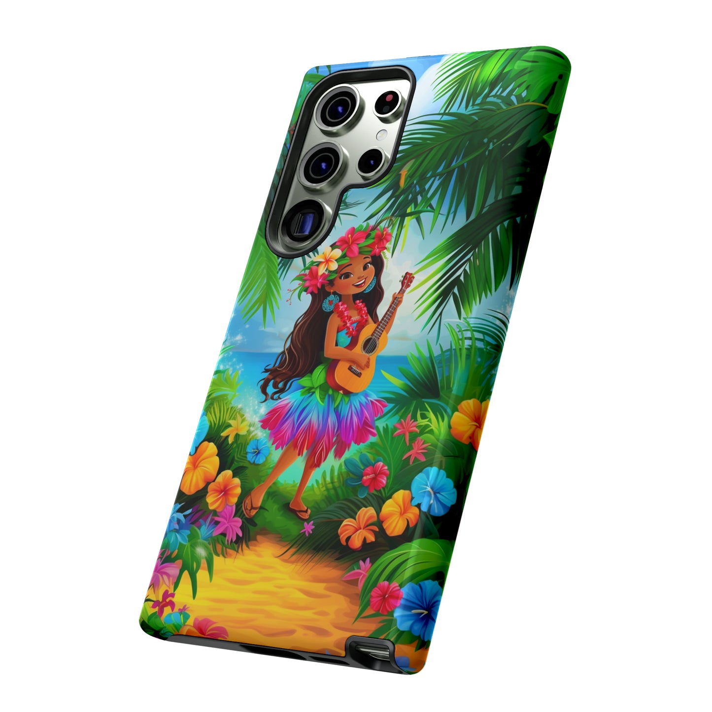 Hula Girl Ukulele Hawaiian Phone Case, Tropical, Hibiscus, Wireless Compatible, Protective Cell Phone Case for iPhone, Samsung, Pixel phones