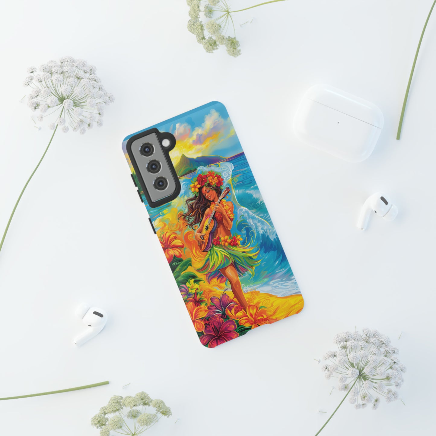Ukulele Hula Girl Hawaiian Phone Case, Tropical, Hibiscus, Wireless Compatible, Protective Cell Phone Case for iPhone, Samsung, Pixel phones
