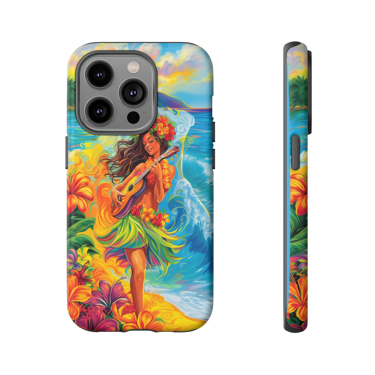 Ukulele Hula Girl Hawaiian Phone Case, Tropical, Hibiscus, Wireless Compatible, Protective Cell Phone Case for iPhone, Samsung, Pixel phones