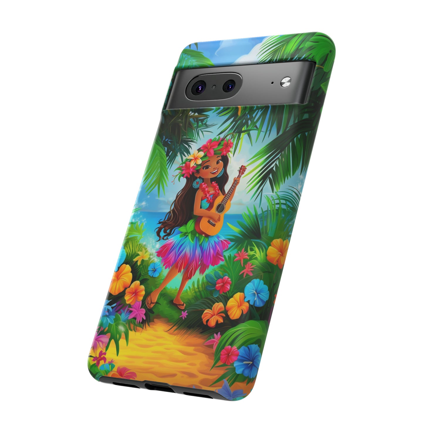 Hula Girl Ukulele Hawaiian Phone Case, Tropical, Hibiscus, Wireless Compatible, Protective Cell Phone Case for iPhone, Samsung, Pixel phones