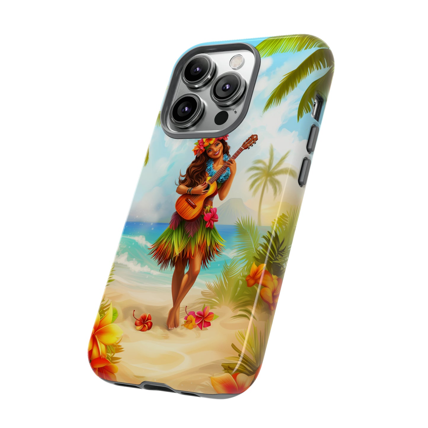 Hula Girl Guitar Hawaiian Phone Case, Tropical, Hibiscus, Wireless Compatible, Protective Cell Phone Case for iPhone, Samsung, Pixel phones