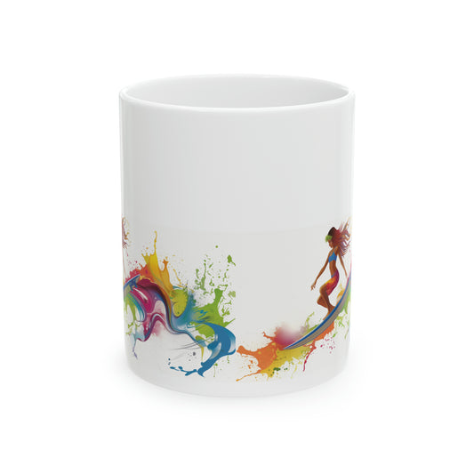 Surfer Girl Walking Board Colorful Hawaiian Ceramic Mug 11oz, Hawaii Mug, HI Mug, Aloha Mug, 808 Mug, Island Mug, Tropical Mug, Coffee Mug