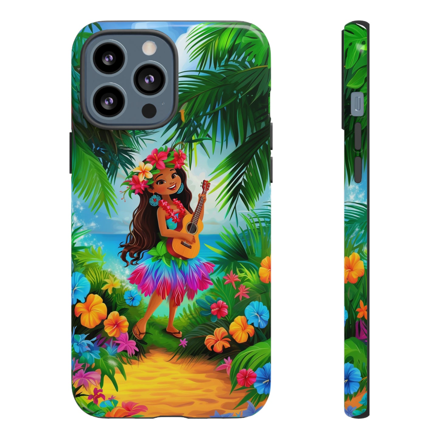 Hula Girl Ukulele Hawaiian Phone Case, Tropical, Hibiscus, Wireless Compatible, Protective Cell Phone Case for iPhone, Samsung, Pixel phones