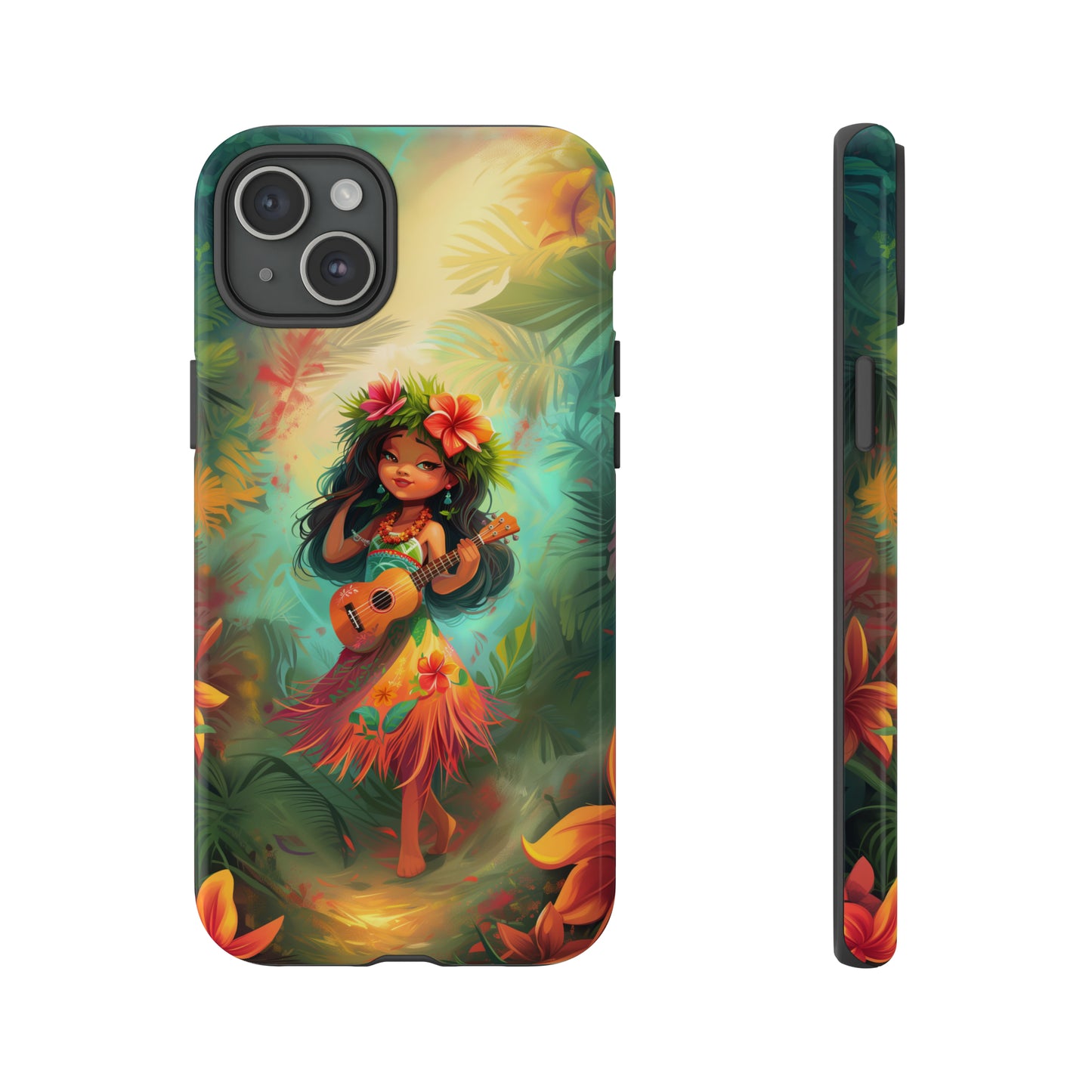 Cute Hula Girl Ukulele Hawaiian Phone Case, Tropical, Hibiscus, Wireless Compatible, Protective Cell Phone Case for iPhone, Samsung, Pixel