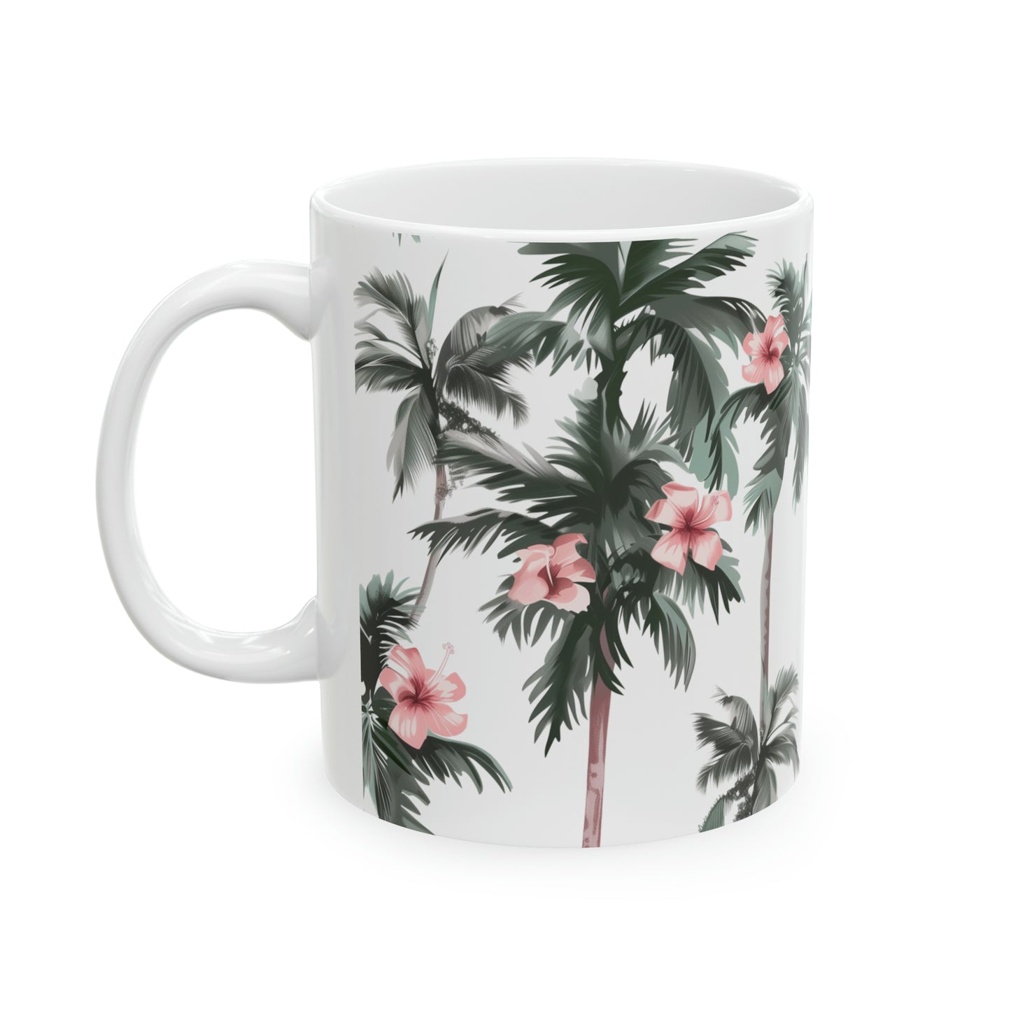 Hawaiian Palm Trees, Hibiscus Flowers Ceramic Mug 11oz, Hawaii Coffee Mug, HI, Aloha 808, Island Mug, Tropical Mug