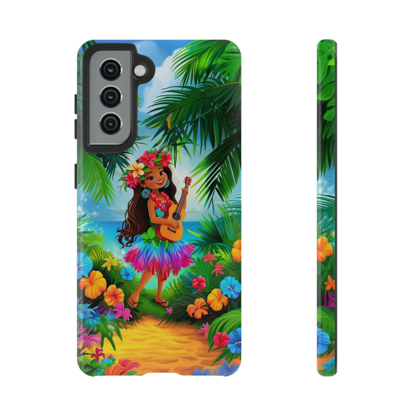Hula Girl Ukulele Hawaiian Phone Case, Tropical, Hibiscus, Wireless Compatible, Protective Cell Phone Case for iPhone, Samsung, Pixel phones