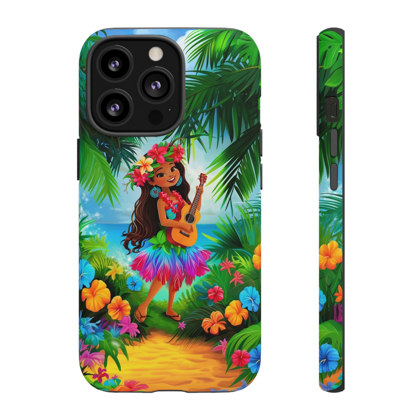 Hula Girl Ukulele Hawaiian Phone Case, Tropical, Hibiscus, Wireless Compatible, Protective Cell Phone Case for iPhone, Samsung, Pixel phones