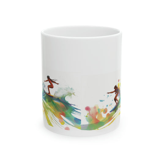 Rainbow Surfer Girls Colorful Hawaiian Ceramic Mug 11oz, Hawaii Mug, HI Mug, Aloha Mug, 808 Mug, Island Mug, Tropical Mug, Coffee Mug
