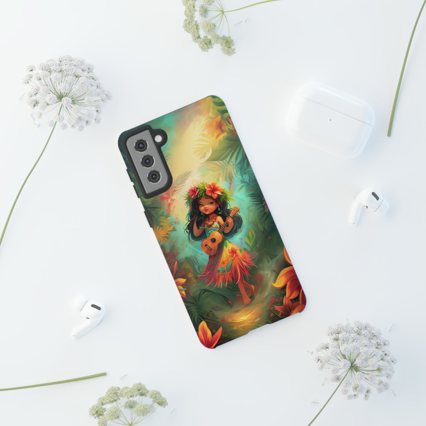 Cute Hula Girl Ukulele Hawaiian Phone Case, Tropical, Hibiscus, Wireless Compatible, Protective Cell Phone Case for iPhone, Samsung, Pixel