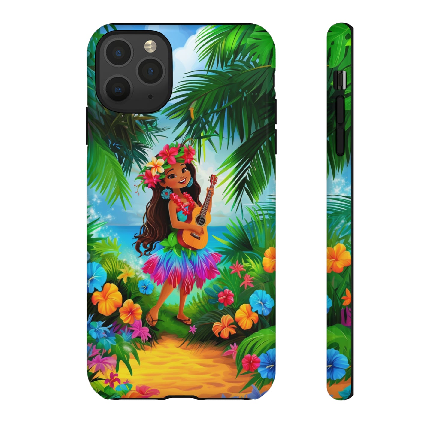 Hula Girl Ukulele Hawaiian Phone Case, Tropical, Hibiscus, Wireless Compatible, Protective Cell Phone Case for iPhone, Samsung, Pixel phones