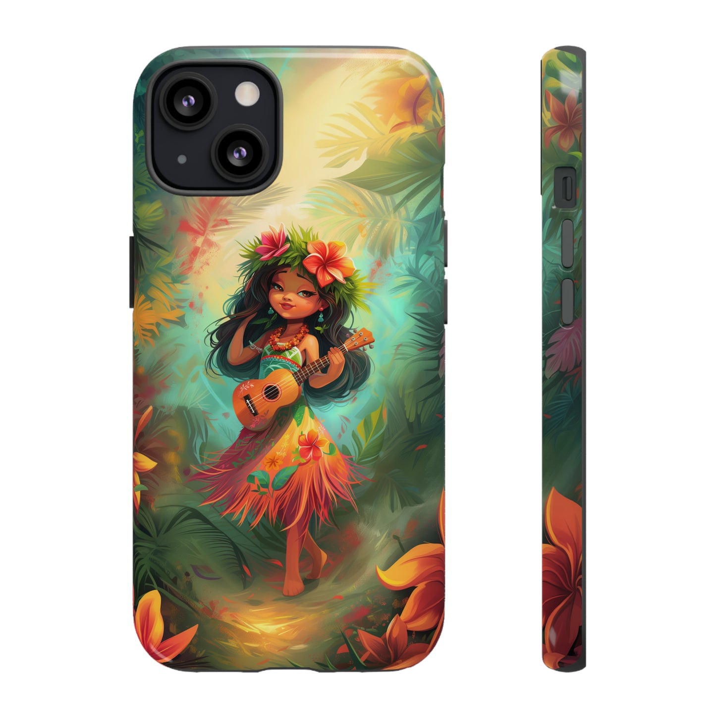 Cute Hula Girl Ukulele Hawaiian Phone Case, Tropical, Hibiscus, Wireless Compatible, Protective Cell Phone Case for iPhone, Samsung, Pixel