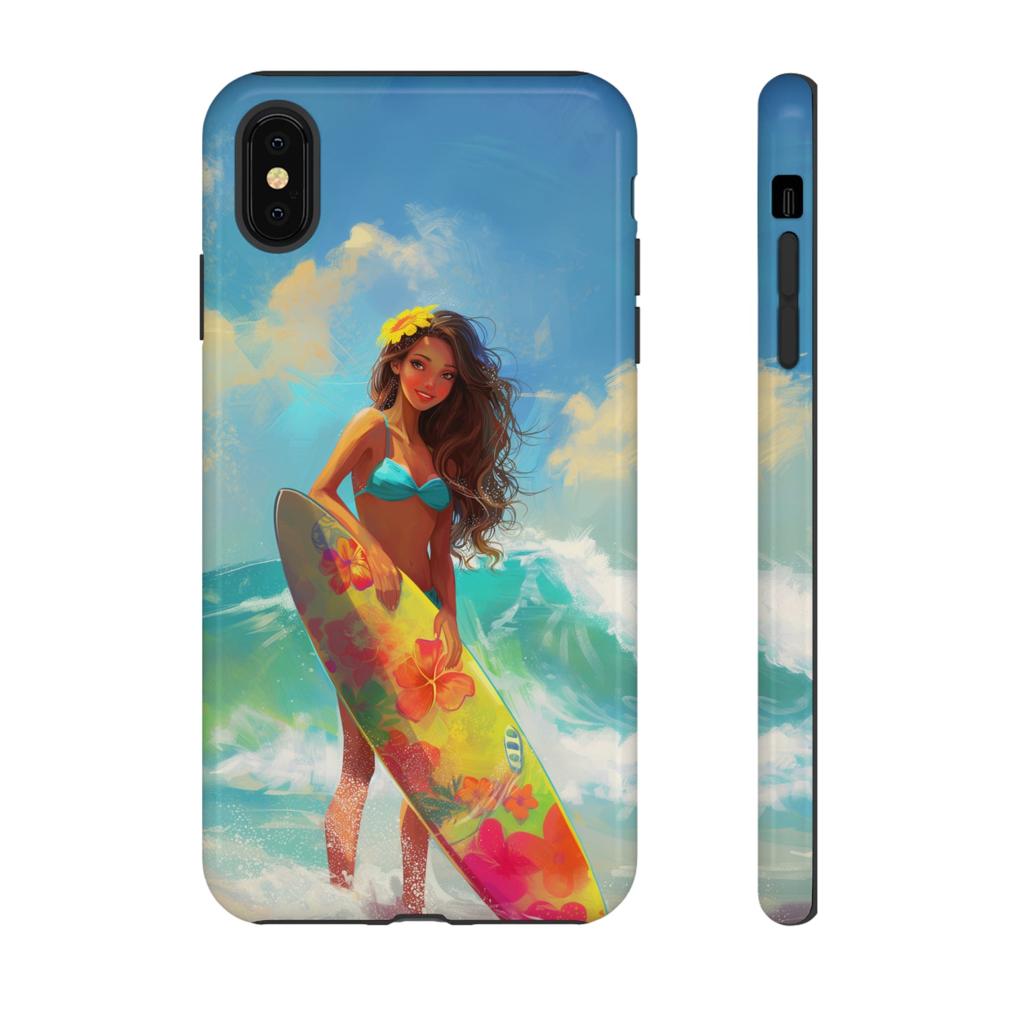 Surfer Girl Hawaiian Phone Case, Tropical, Hibiscus, Wireless Compatible, Protective Cell Phone Case for iPhone, Samsung, Pixel phones