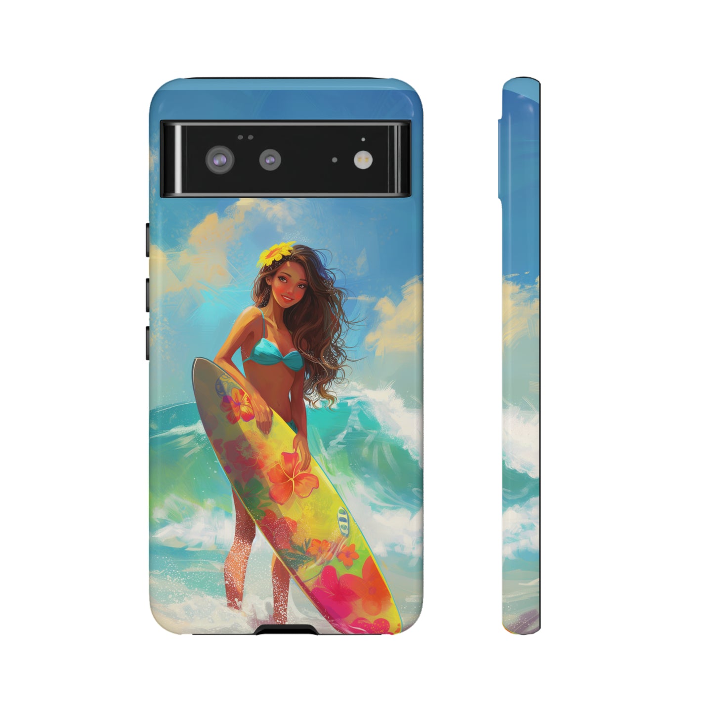 Surfer Girl Hawaiian Phone Case, Tropical, Hibiscus, Wireless Compatible, Protective Cell Phone Case for iPhone, Samsung, Pixel phones