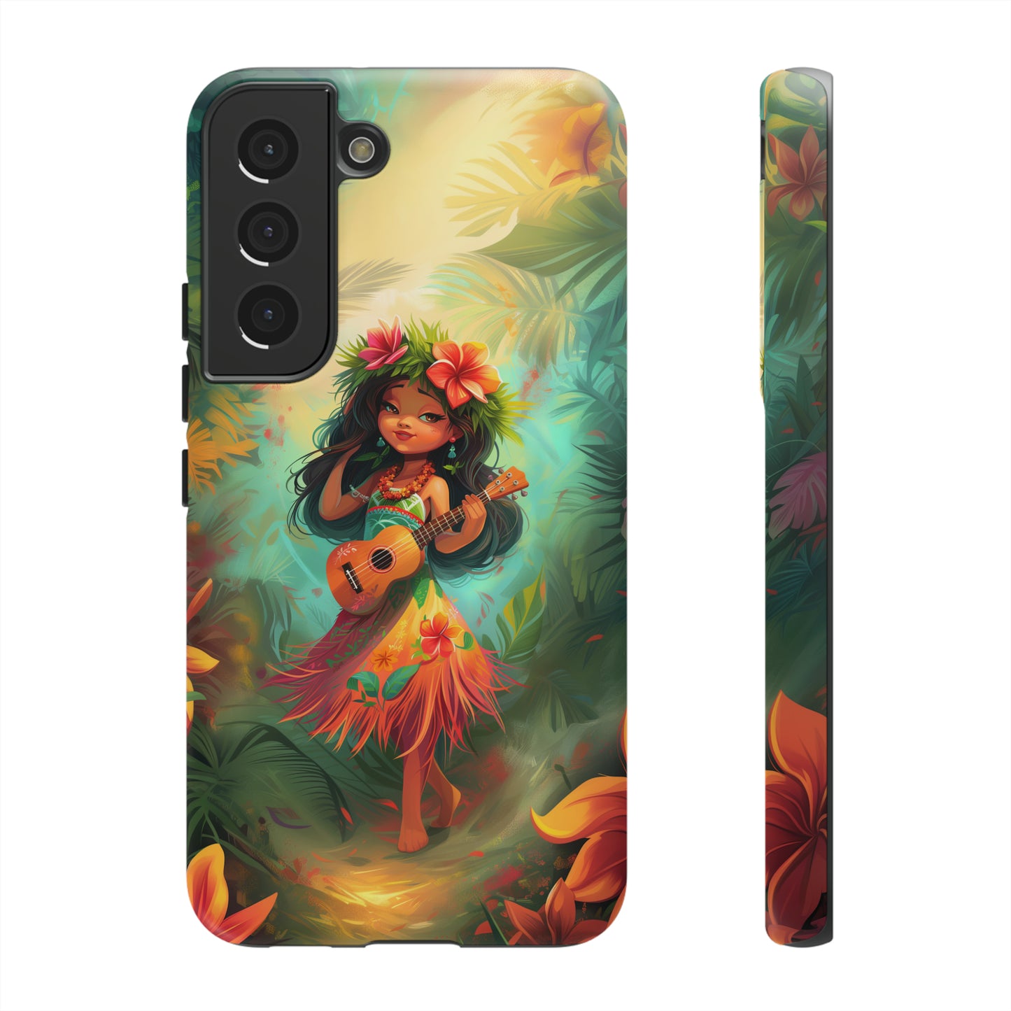 Cute Hula Girl Ukulele Hawaiian Phone Case, Tropical, Hibiscus, Wireless Compatible, Protective Cell Phone Case for iPhone, Samsung, Pixel