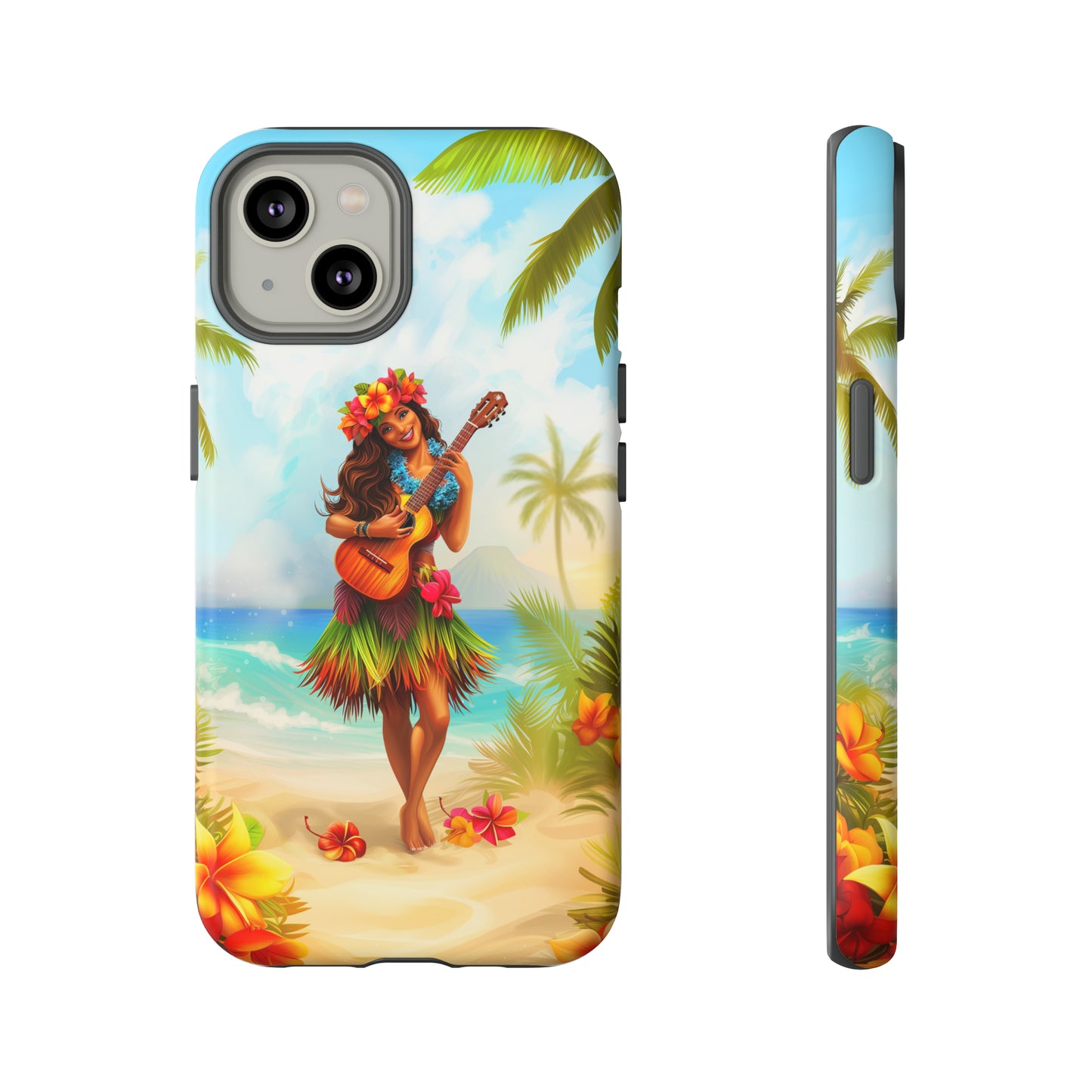 Hula Girl Guitar Hawaiian Phone Case, Tropical, Hibiscus, Wireless Compatible, Protective Cell Phone Case for iPhone, Samsung, Pixel phones