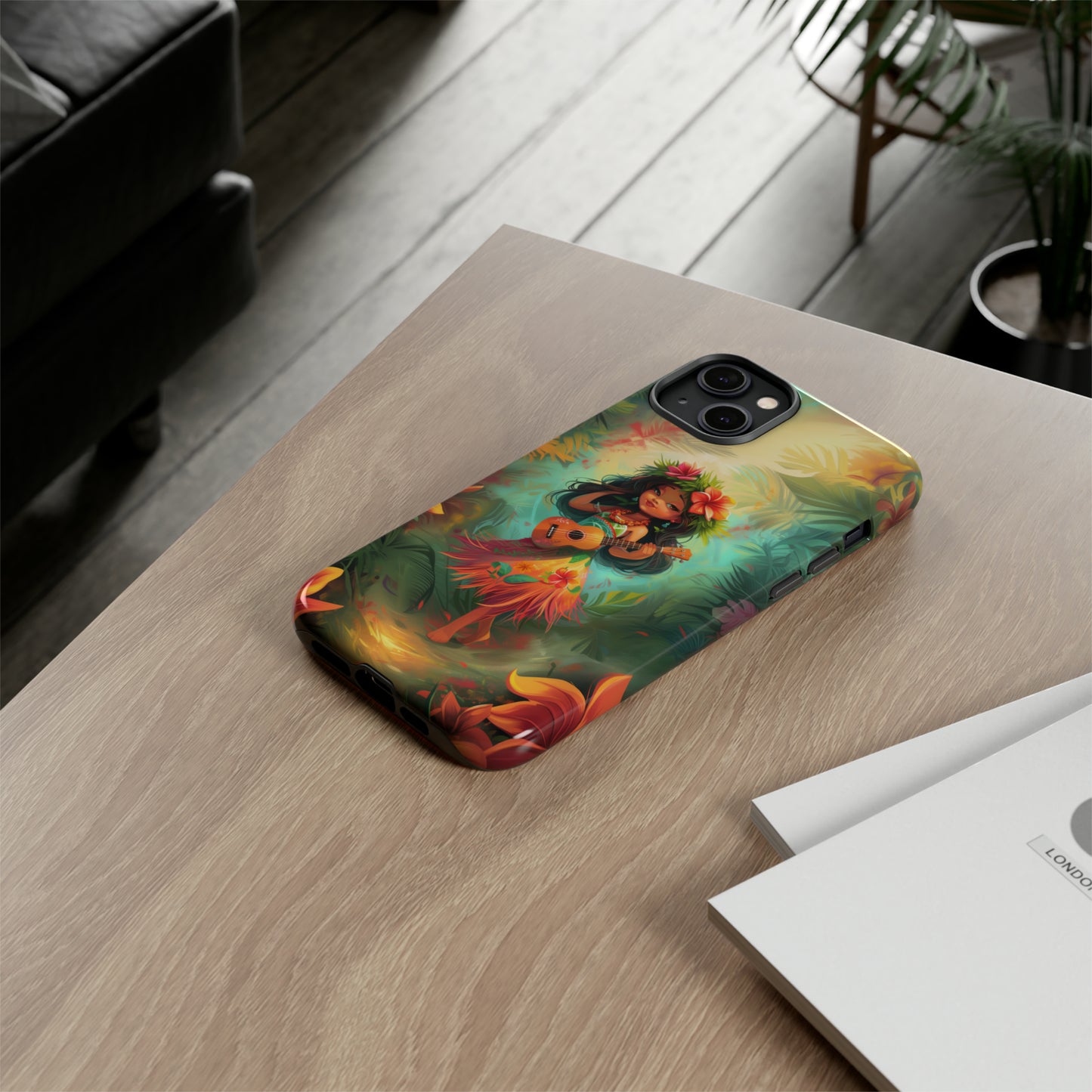 Cute Hula Girl Ukulele Hawaiian Phone Case, Tropical, Hibiscus, Wireless Compatible, Protective Cell Phone Case for iPhone, Samsung, Pixel
