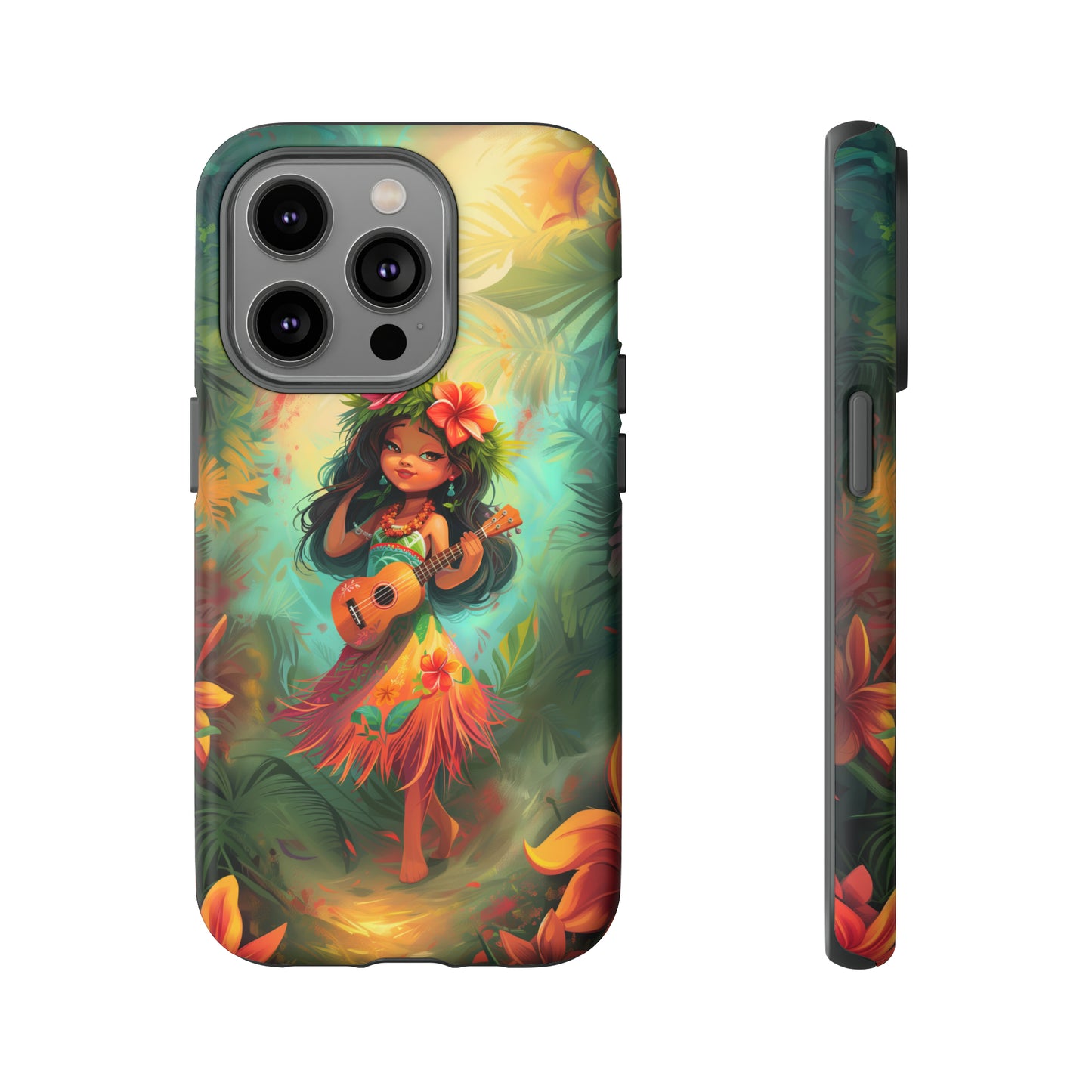 Cute Hula Girl Ukulele Hawaiian Phone Case, Tropical, Hibiscus, Wireless Compatible, Protective Cell Phone Case for iPhone, Samsung, Pixel
