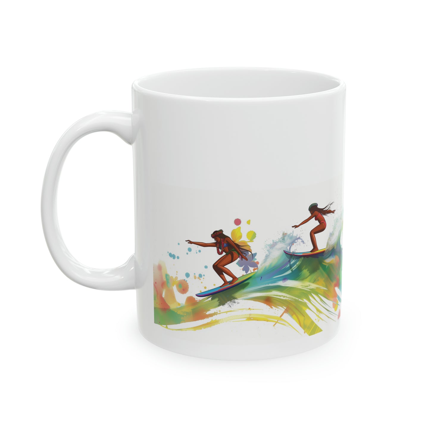 Rainbow Surfer Girls Colorful Hawaiian Ceramic Mug 11oz, Hawaii Mug, HI Mug, Aloha Mug, 808 Mug, Island Mug, Tropical Mug, Coffee Mug