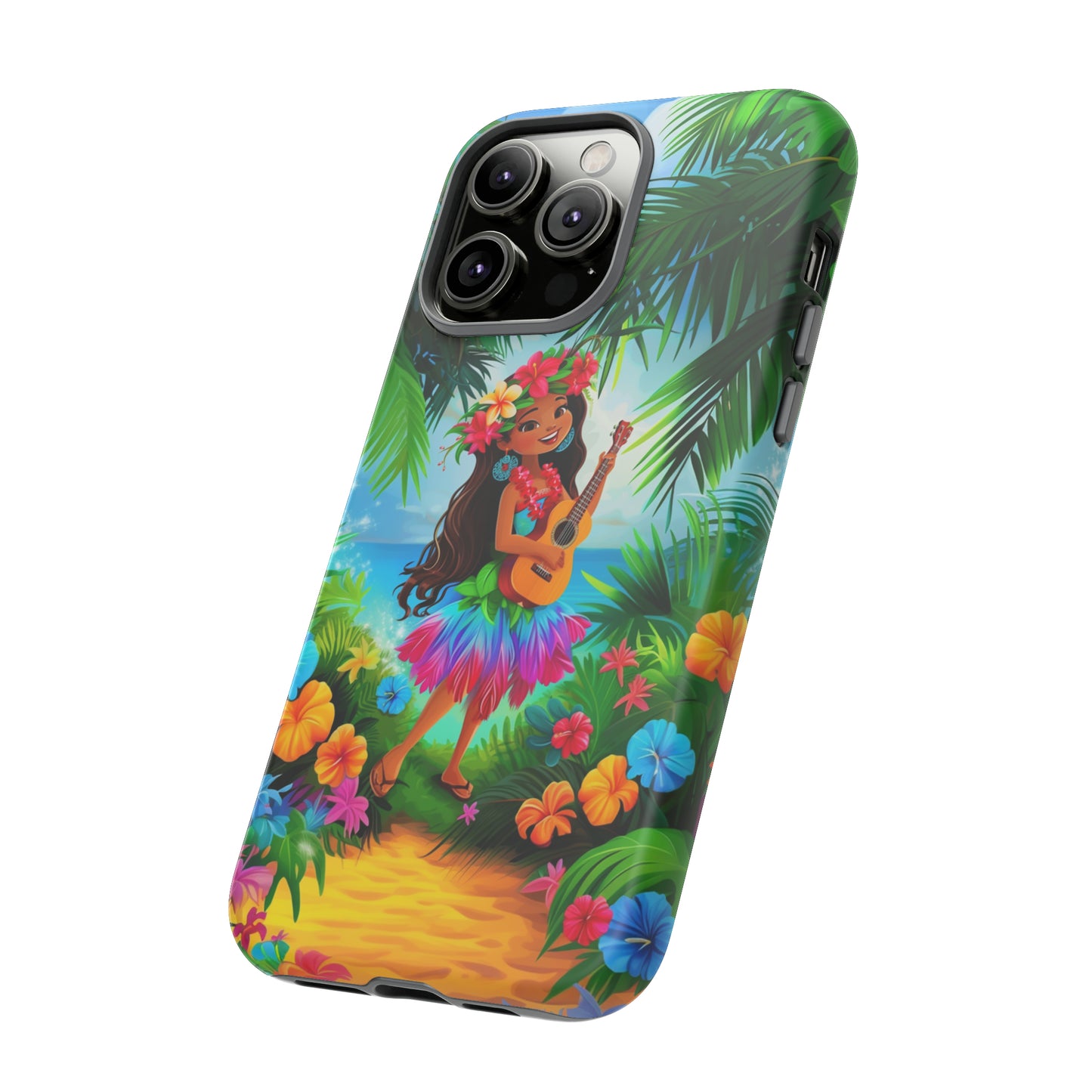 Hula Girl Ukulele Hawaiian Phone Case, Tropical, Hibiscus, Wireless Compatible, Protective Cell Phone Case for iPhone, Samsung, Pixel phones