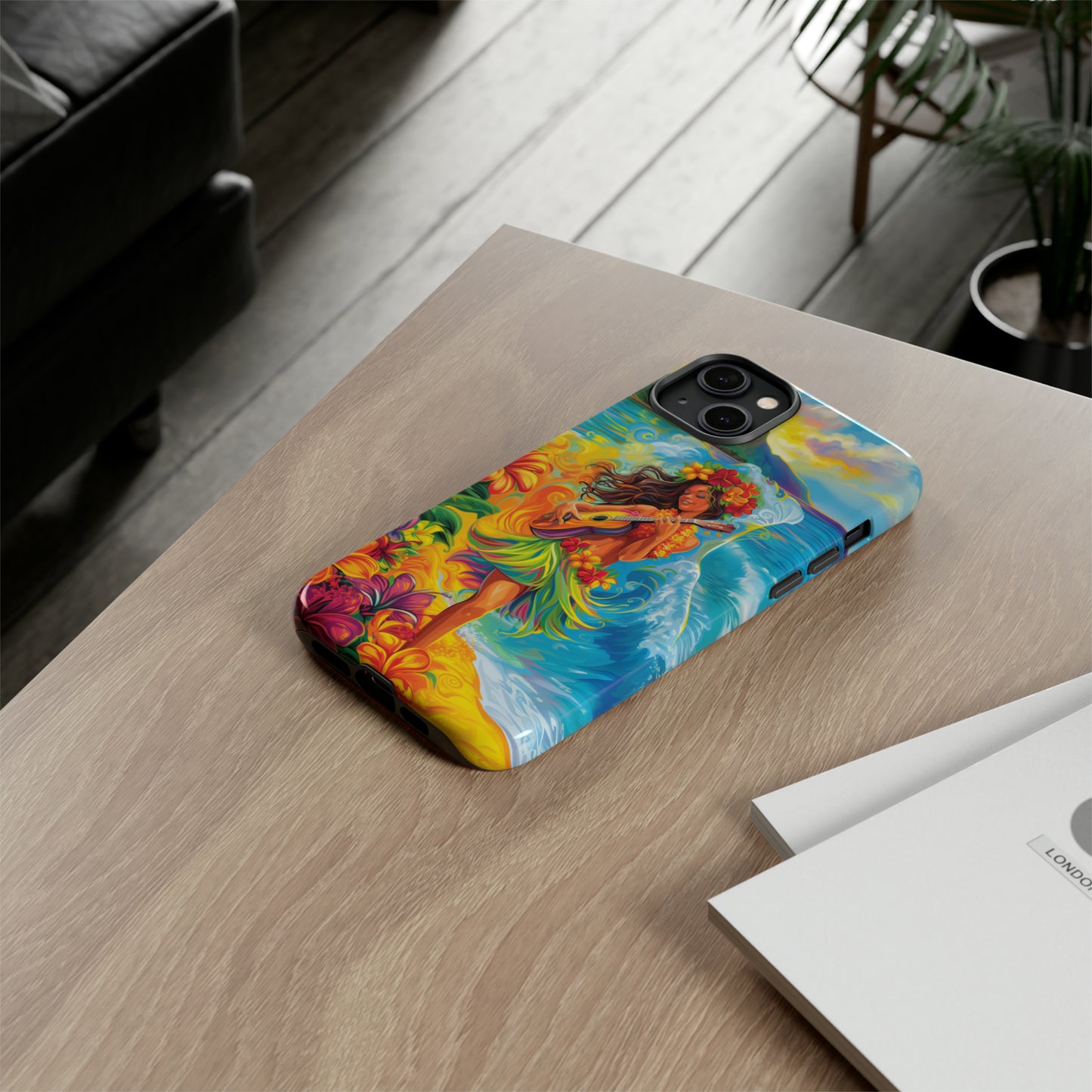 Ukulele Hula Girl Hawaiian Phone Case, Tropical, Hibiscus, Wireless Compatible, Protective Cell Phone Case for iPhone, Samsung, Pixel phones