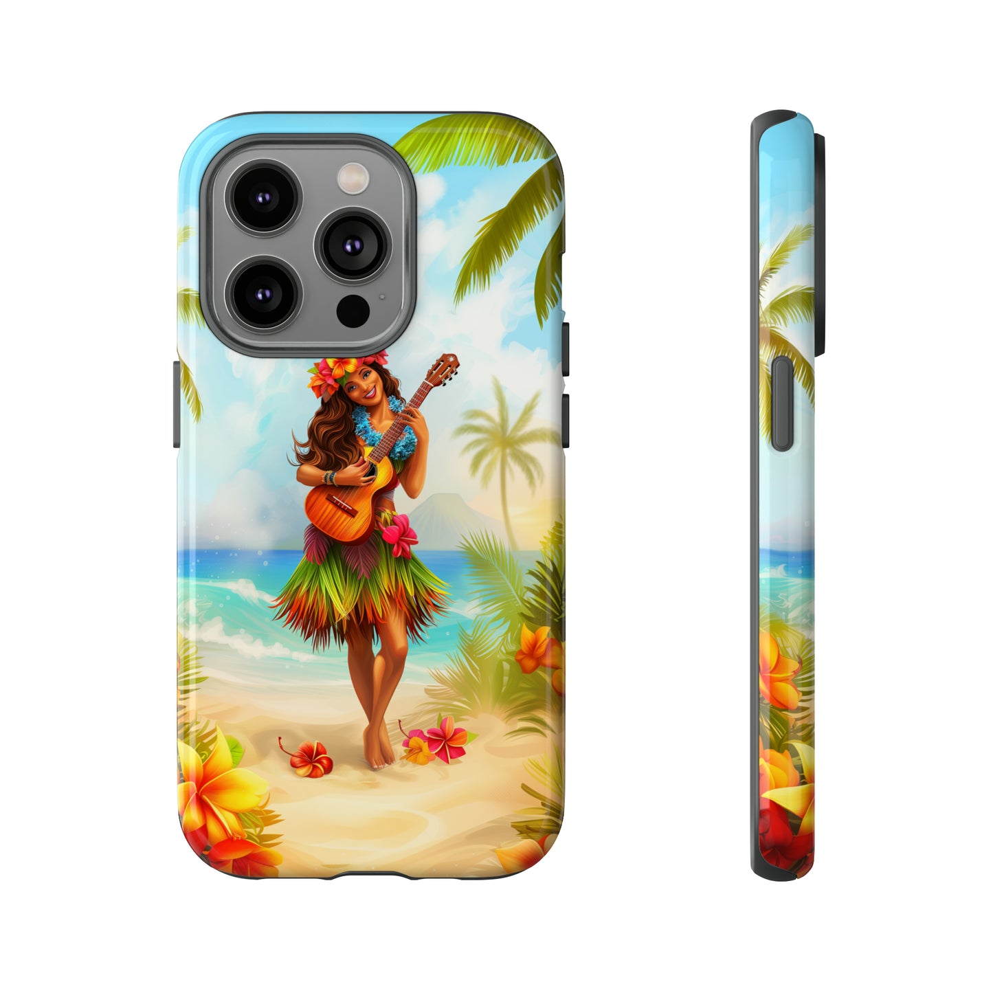 Hula Girl Guitar Hawaiian Phone Case, Tropical, Hibiscus, Wireless Compatible, Protective Cell Phone Case for iPhone, Samsung, Pixel phones