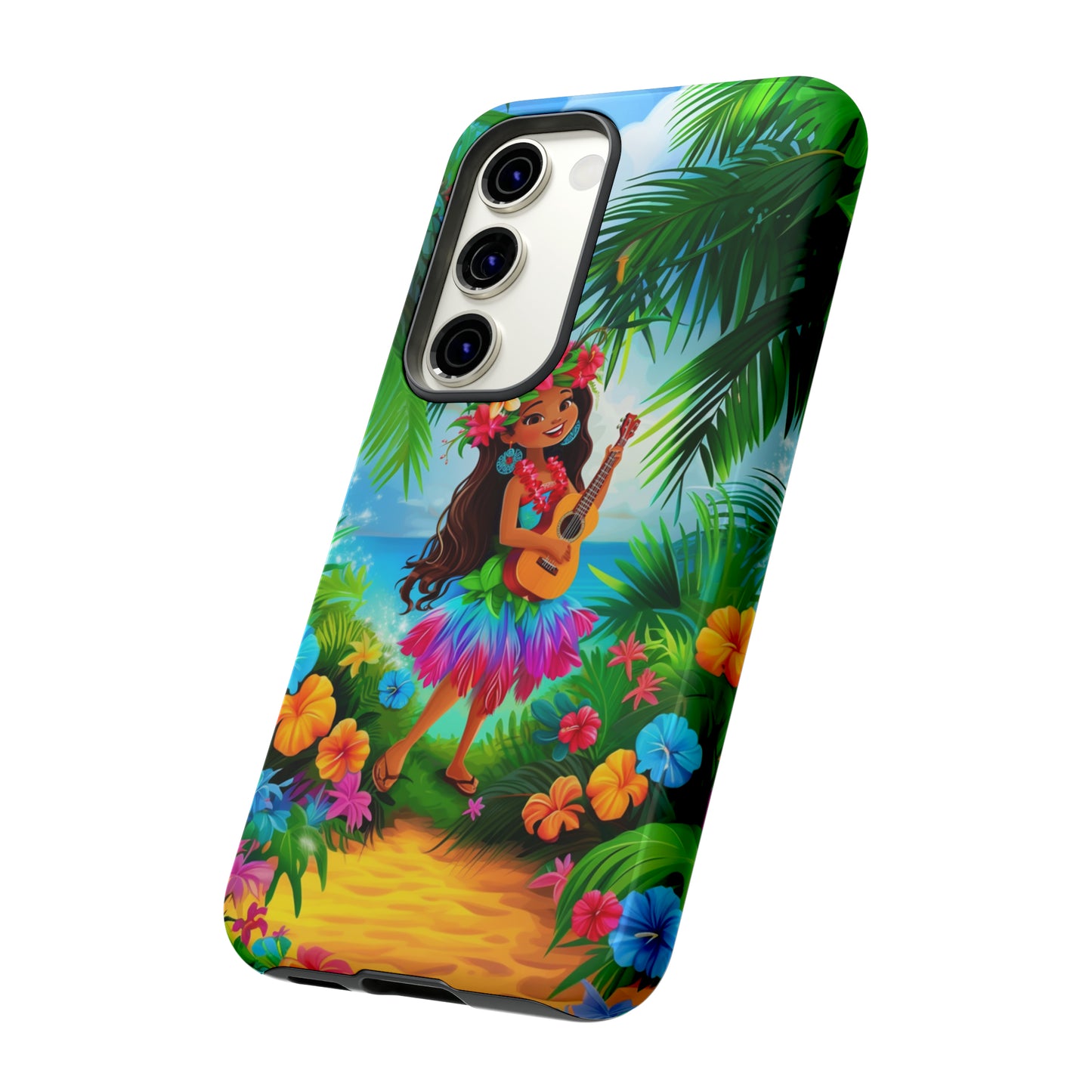 Hula Girl Ukulele Hawaiian Phone Case, Tropical, Hibiscus, Wireless Compatible, Protective Cell Phone Case for iPhone, Samsung, Pixel phones