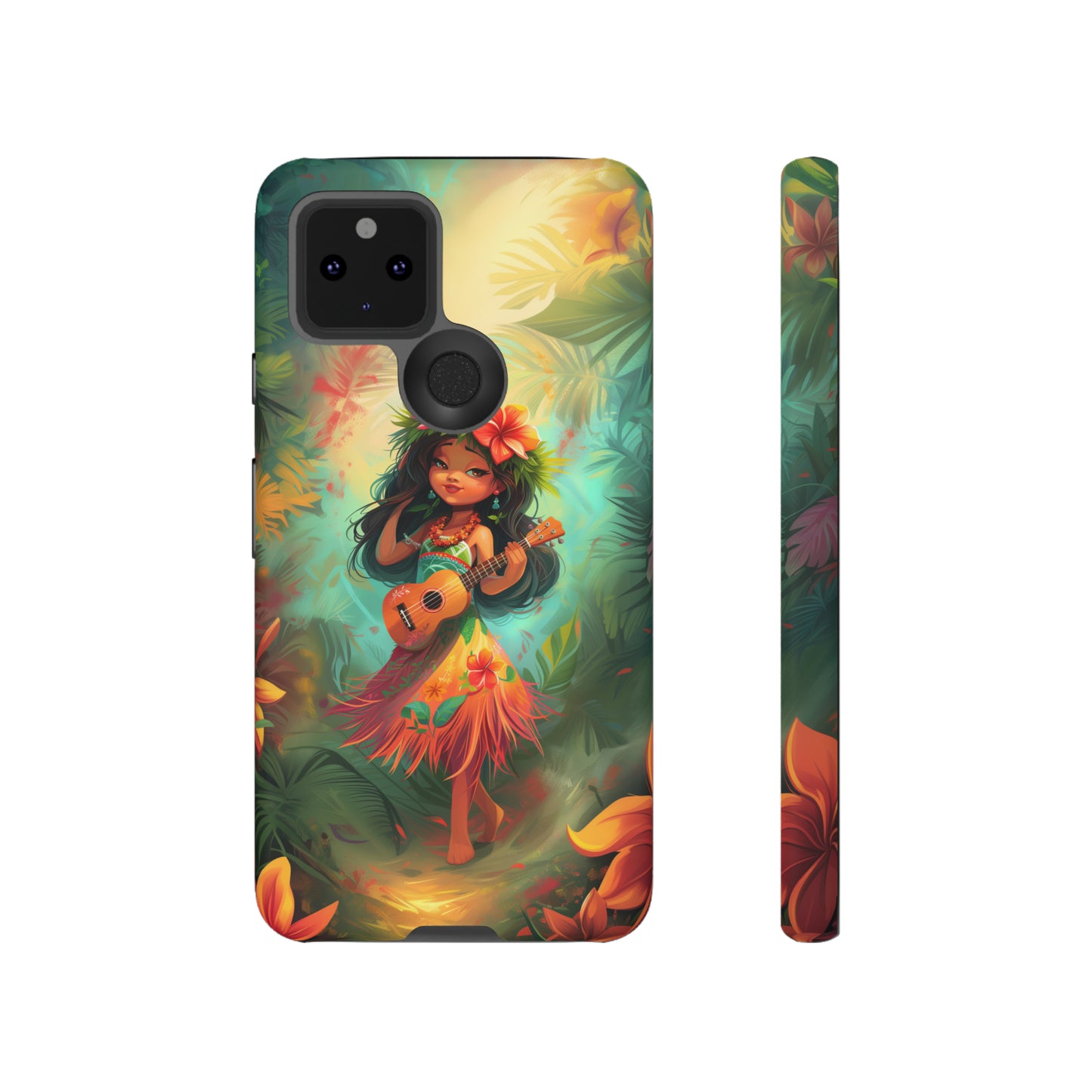 Cute Hula Girl Ukulele Hawaiian Phone Case, Tropical, Hibiscus, Wireless Compatible, Protective Cell Phone Case for iPhone, Samsung, Pixel