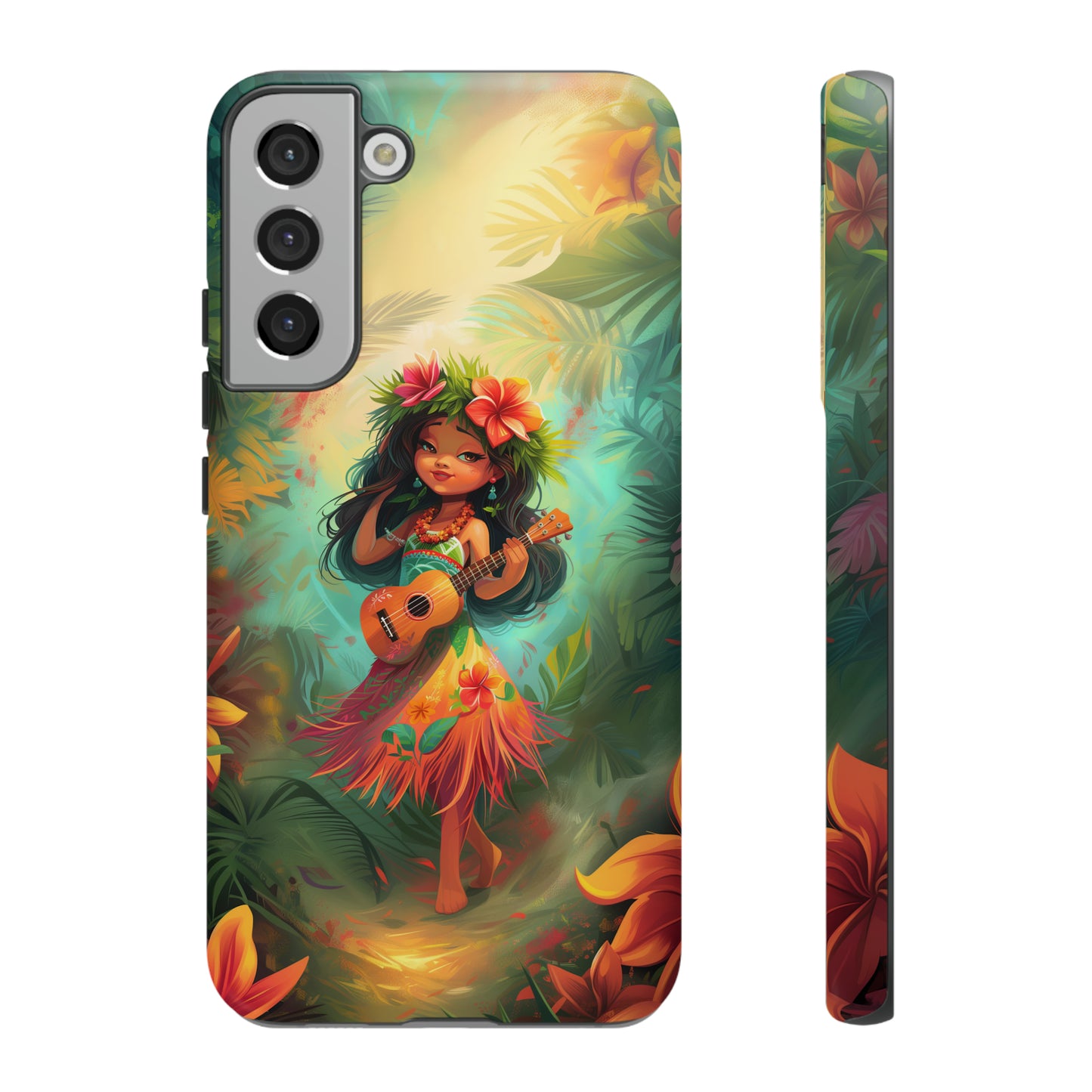 Cute Hula Girl Ukulele Hawaiian Phone Case, Tropical, Hibiscus, Wireless Compatible, Protective Cell Phone Case for iPhone, Samsung, Pixel