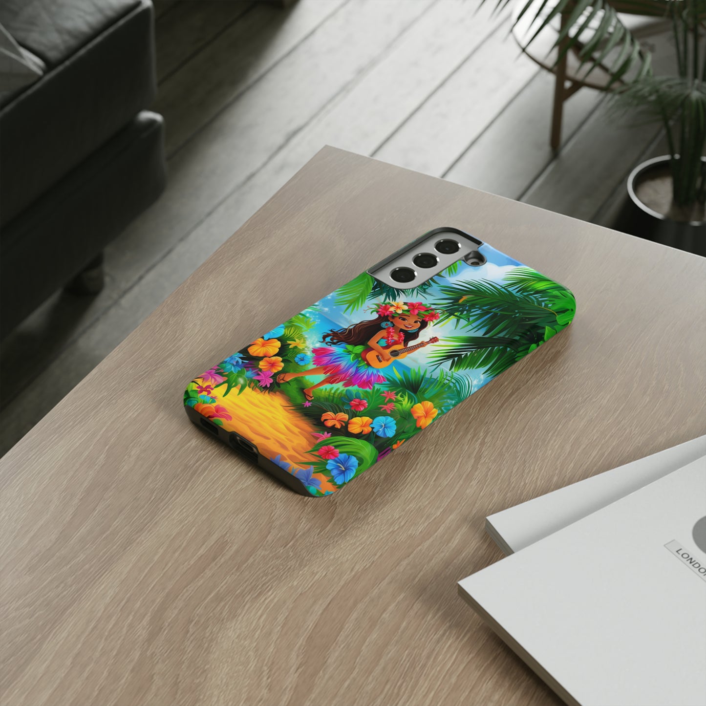 Hula Girl Ukulele Hawaiian Phone Case, Tropical, Hibiscus, Wireless Compatible, Protective Cell Phone Case for iPhone, Samsung, Pixel phones