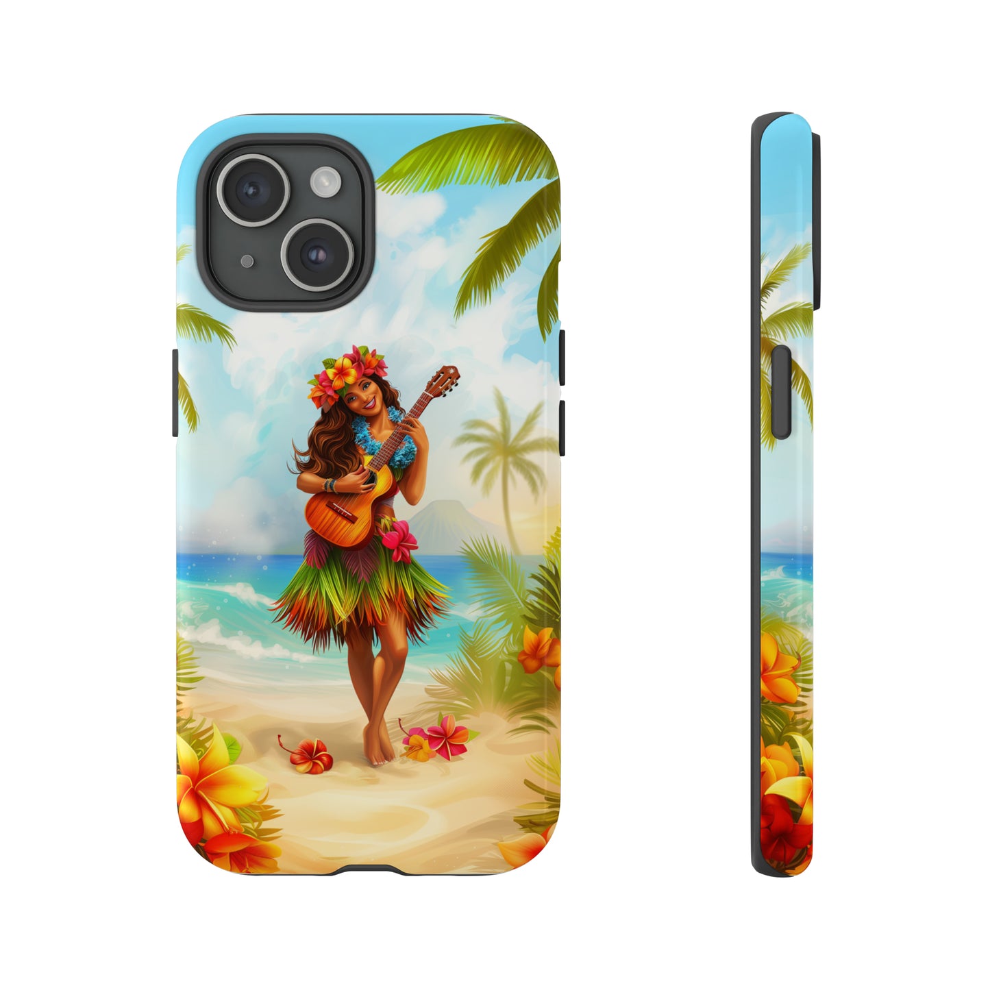 Hula Girl Guitar Hawaiian Phone Case, Tropical, Hibiscus, Wireless Compatible, Protective Cell Phone Case for iPhone, Samsung, Pixel phones