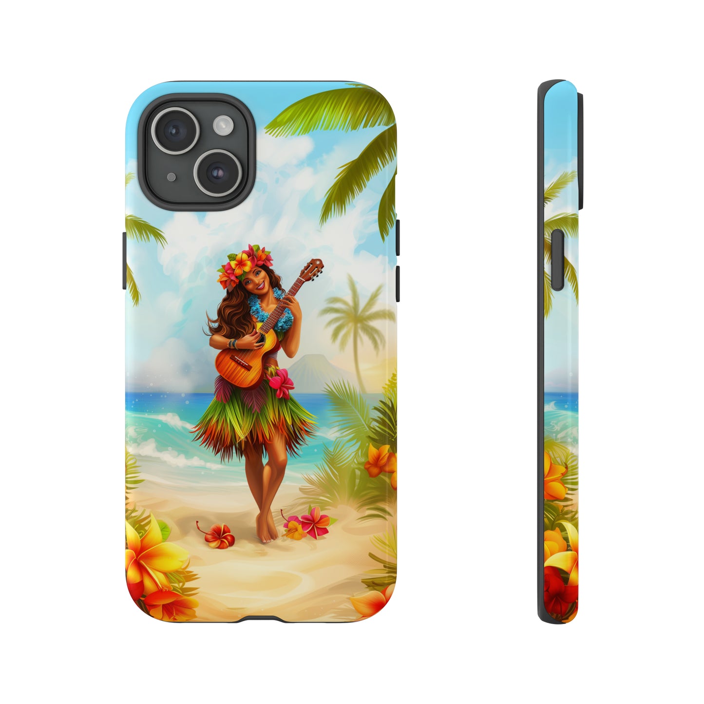 Hula Girl Guitar Hawaiian Phone Case, Tropical, Hibiscus, Wireless Compatible, Protective Cell Phone Case for iPhone, Samsung, Pixel phones