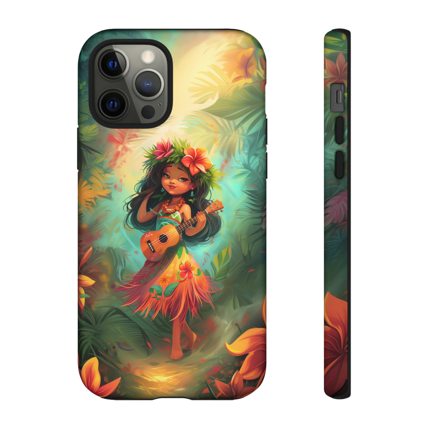 Cute Hula Girl Ukulele Hawaiian Phone Case, Tropical, Hibiscus, Wireless Compatible, Protective Cell Phone Case for iPhone, Samsung, Pixel