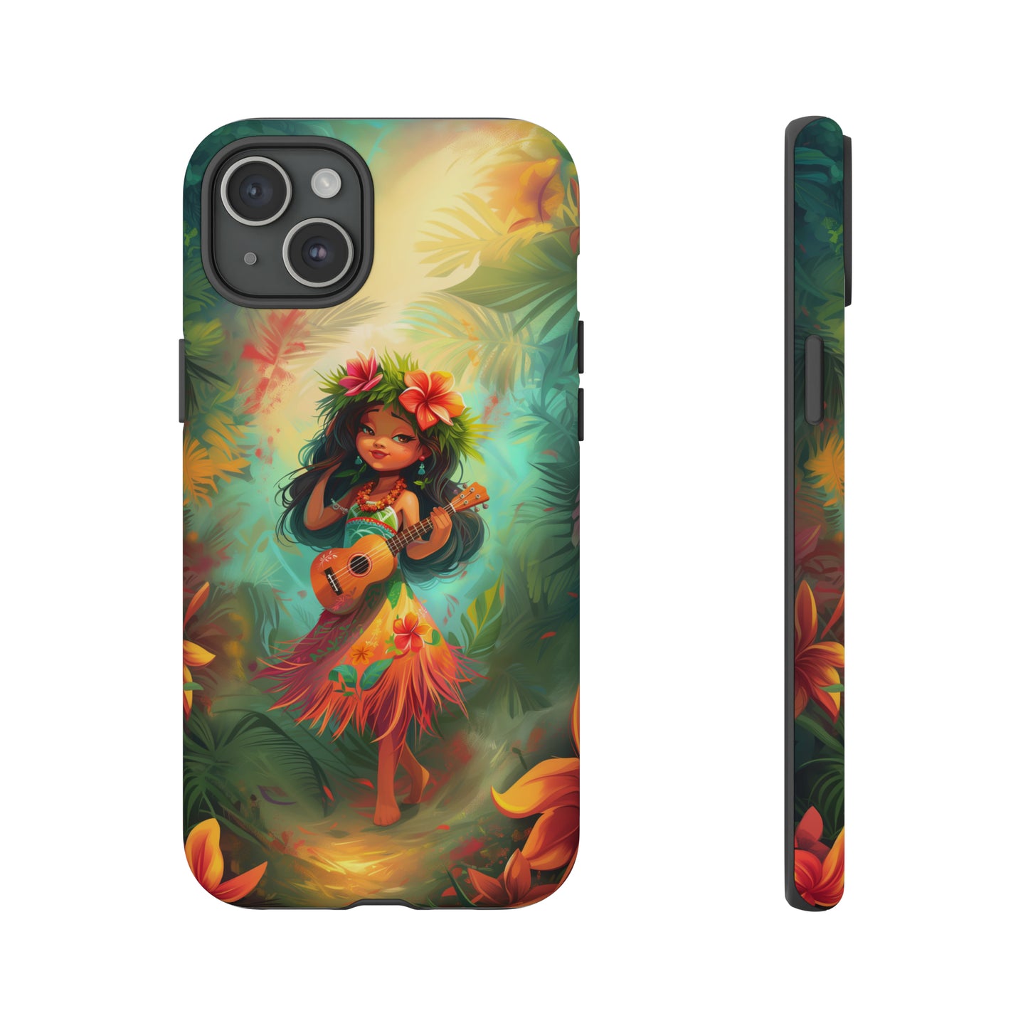 Cute Hula Girl Ukulele Hawaiian Phone Case, Tropical, Hibiscus, Wireless Compatible, Protective Cell Phone Case for iPhone, Samsung, Pixel