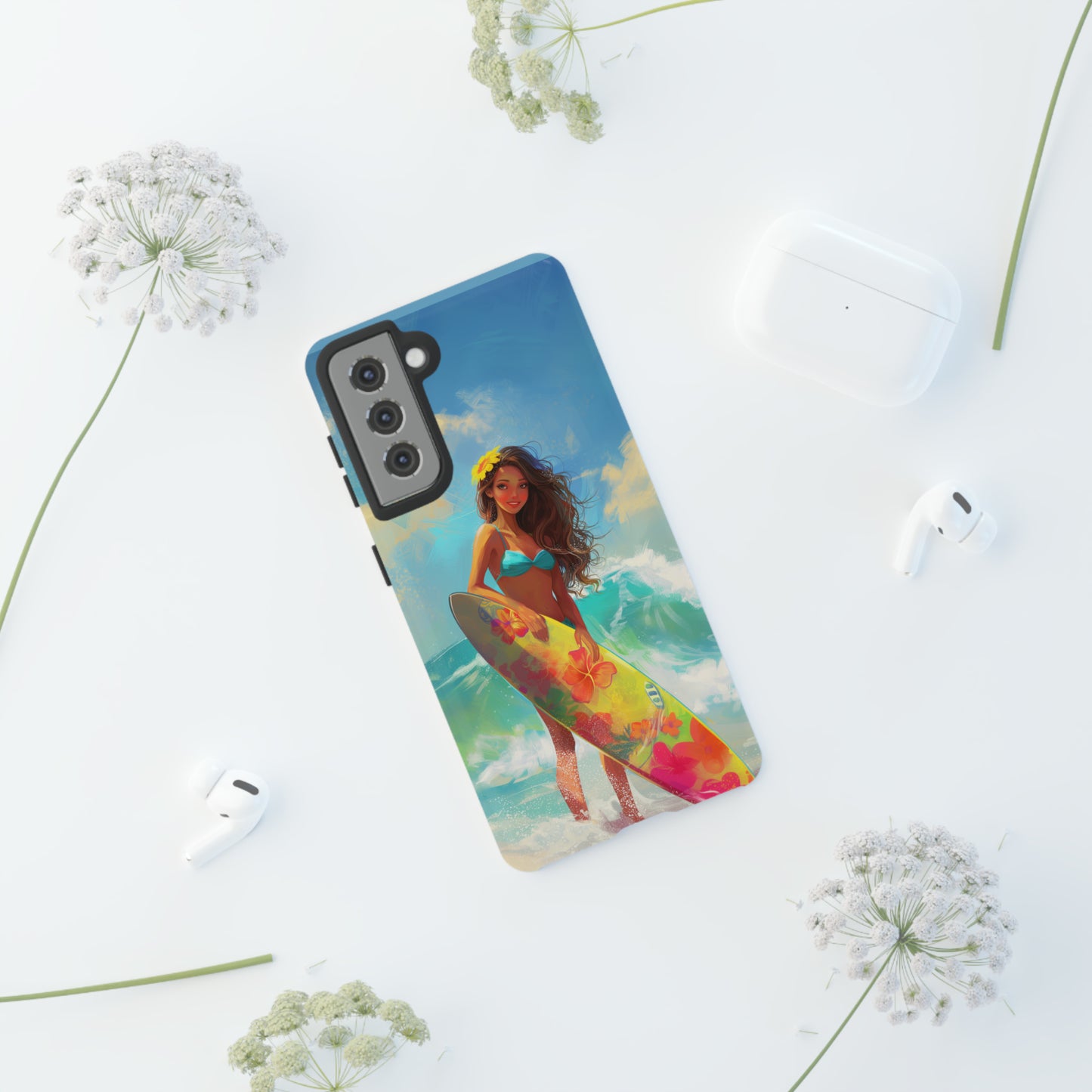 Surfer Girl Hawaiian Phone Case, Tropical, Hibiscus, Wireless Compatible, Protective Cell Phone Case for iPhone, Samsung, Pixel phones
