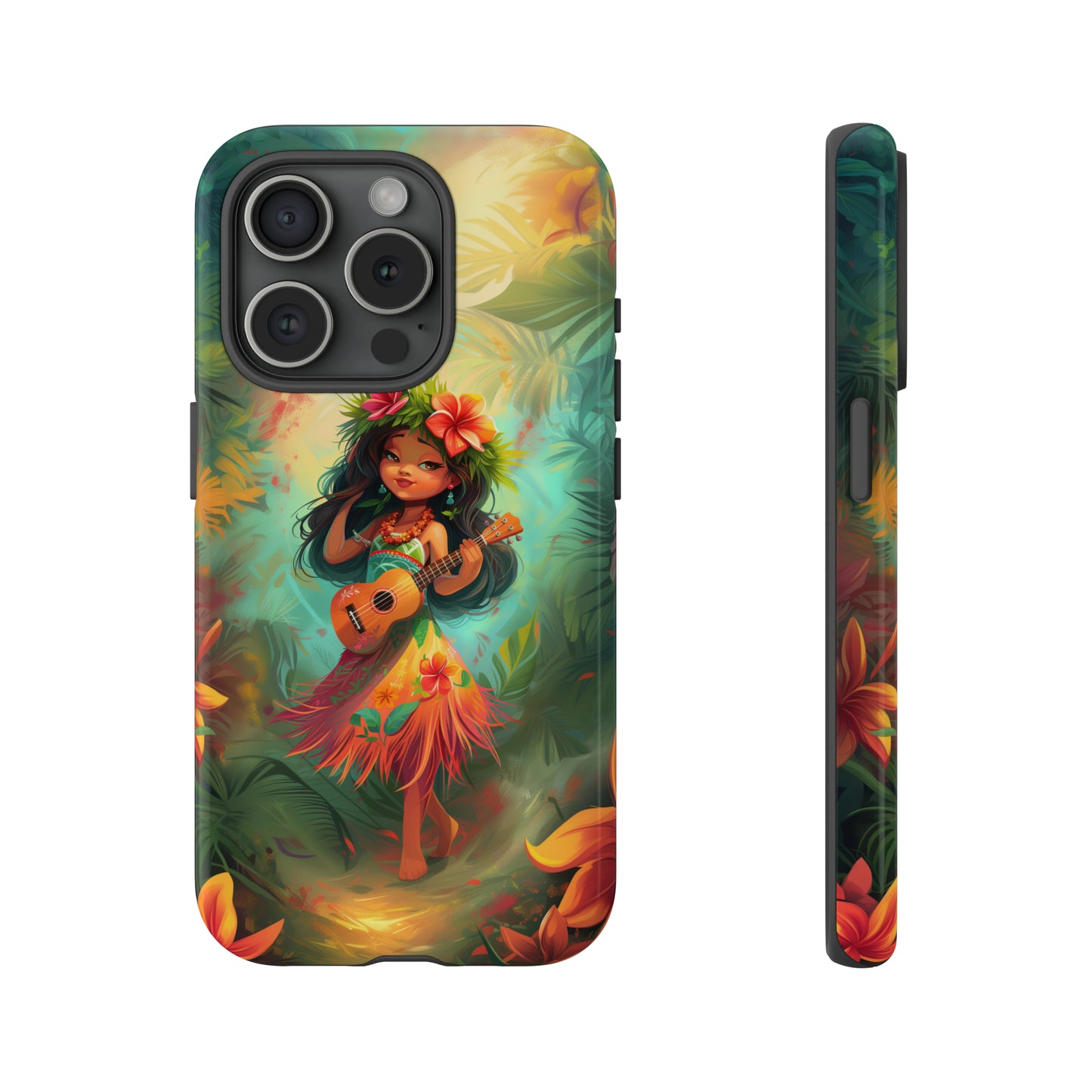 Cute Hula Girl Ukulele Hawaiian Phone Case, Tropical, Hibiscus, Wireless Compatible, Protective Cell Phone Case for iPhone, Samsung, Pixel