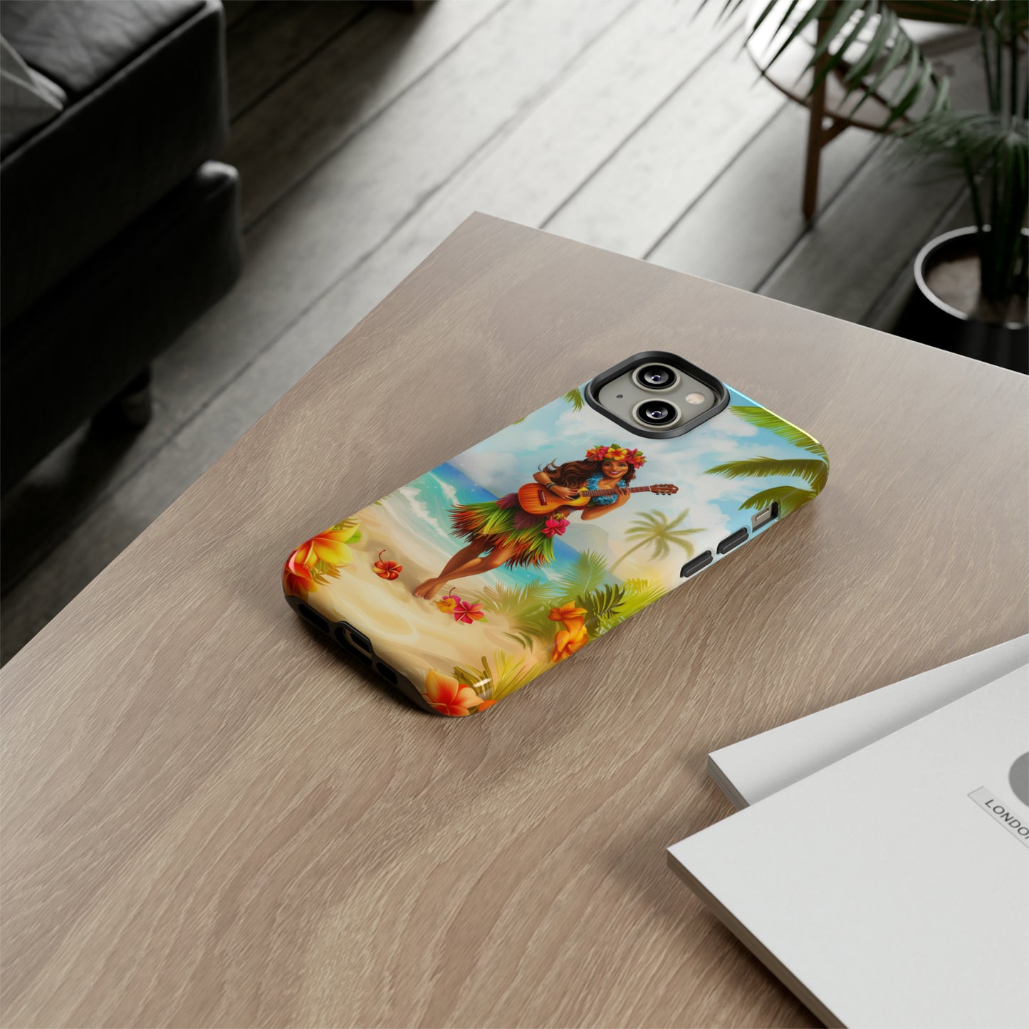 Hula Girl Guitar Hawaiian Phone Case, Tropical, Hibiscus, Wireless Compatible, Protective Cell Phone Case for iPhone, Samsung, Pixel phones