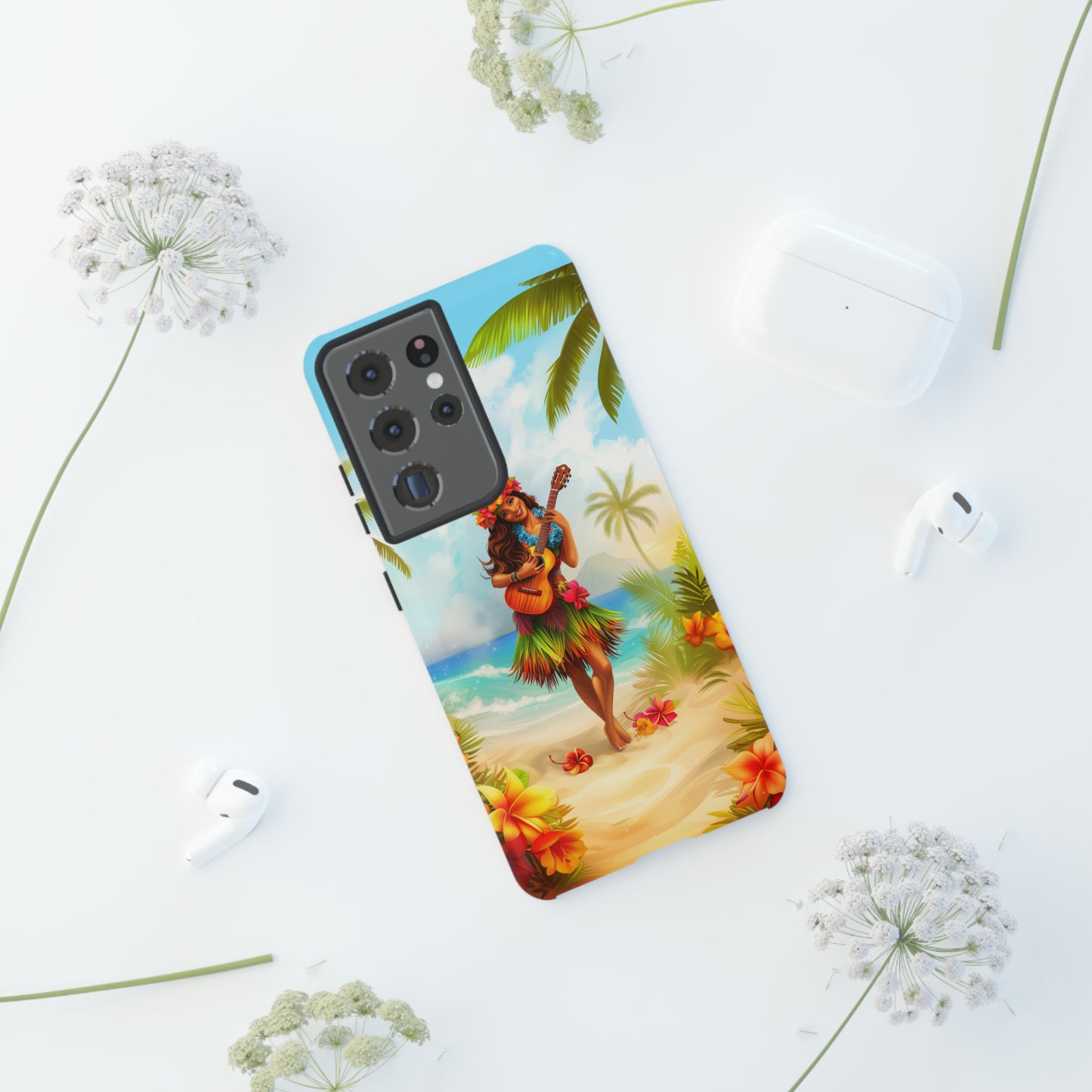 Hula Girl Guitar Hawaiian Phone Case, Tropical, Hibiscus, Wireless Compatible, Protective Cell Phone Case for iPhone, Samsung, Pixel phones