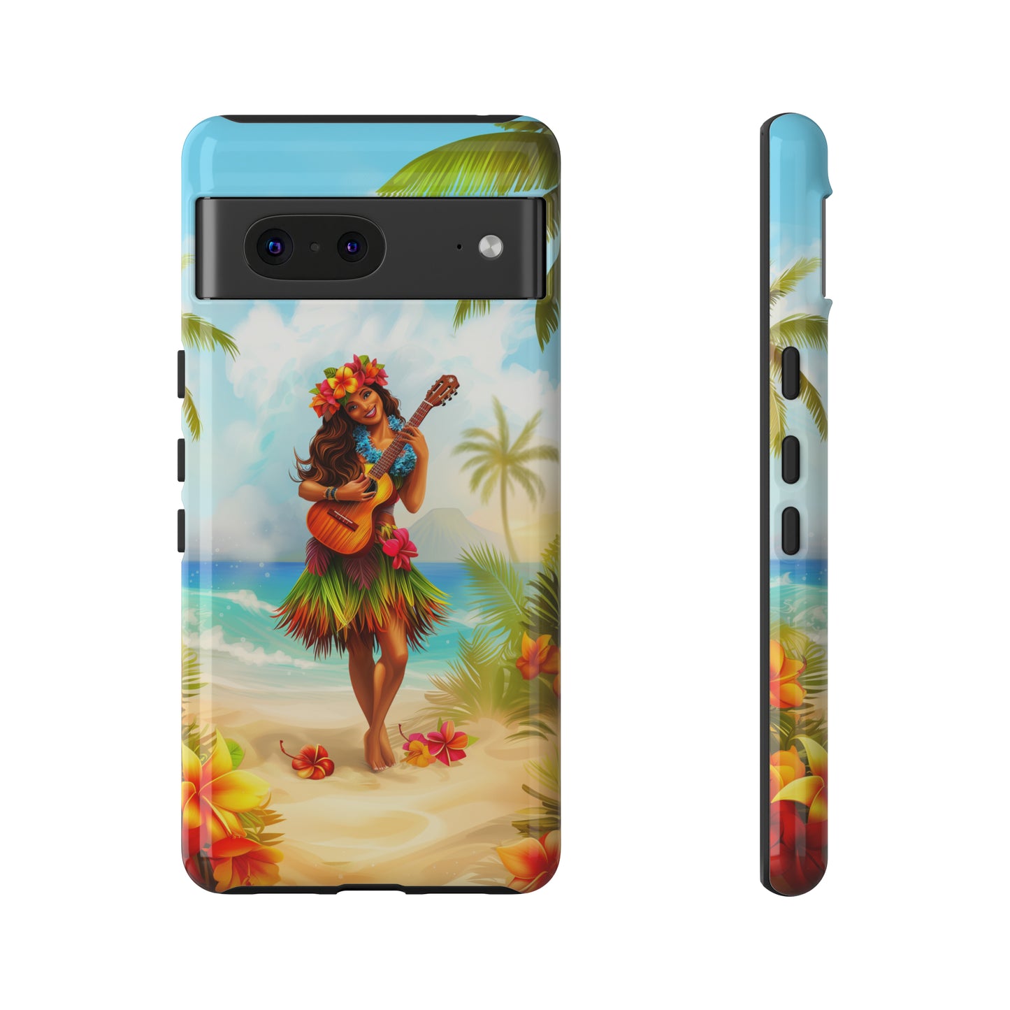 Hula Girl Guitar Hawaiian Phone Case, Tropical, Hibiscus, Wireless Compatible, Protective Cell Phone Case for iPhone, Samsung, Pixel phones