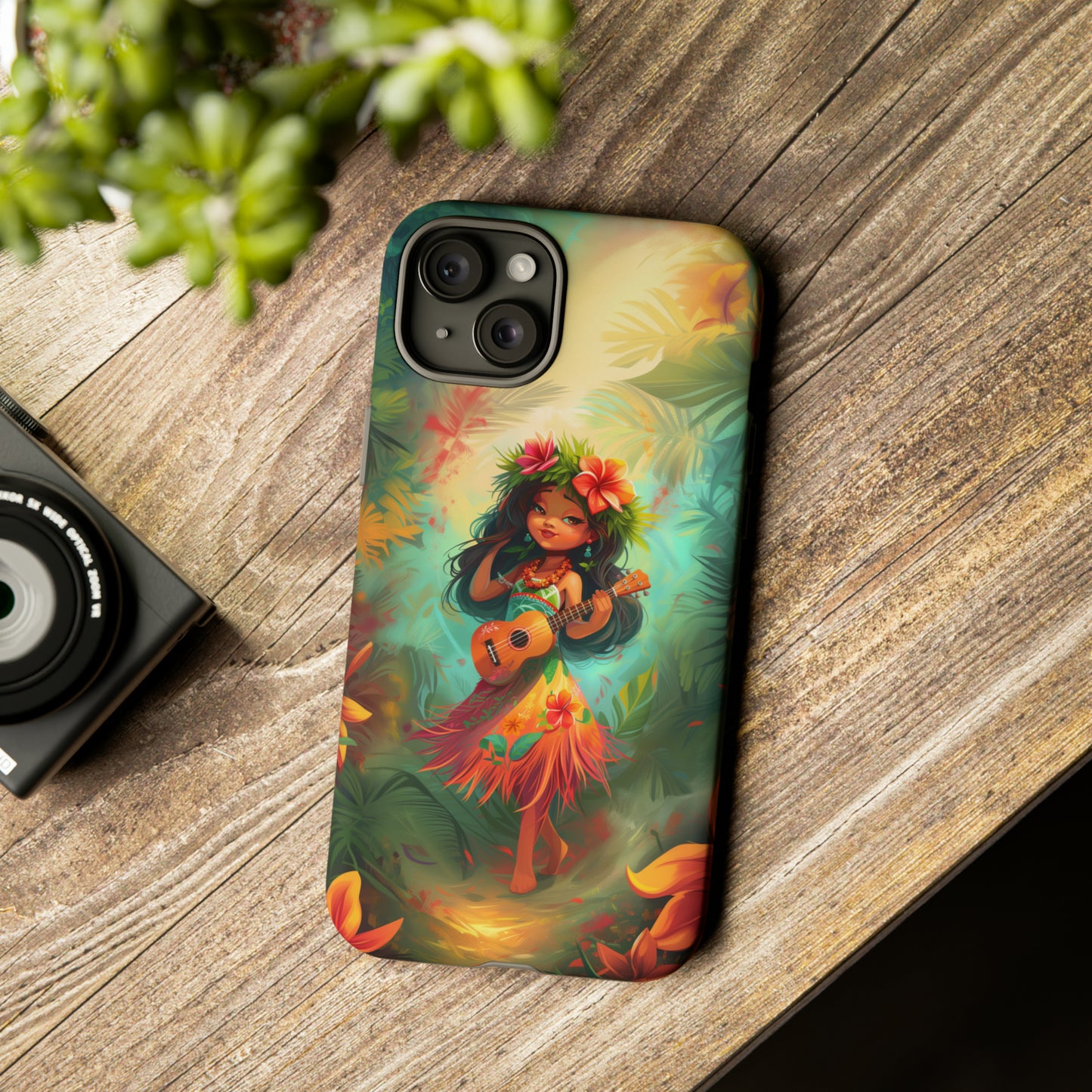 Cute Hula Girl Ukulele Hawaiian Phone Case, Tropical, Hibiscus, Wireless Compatible, Protective Cell Phone Case for iPhone, Samsung, Pixel