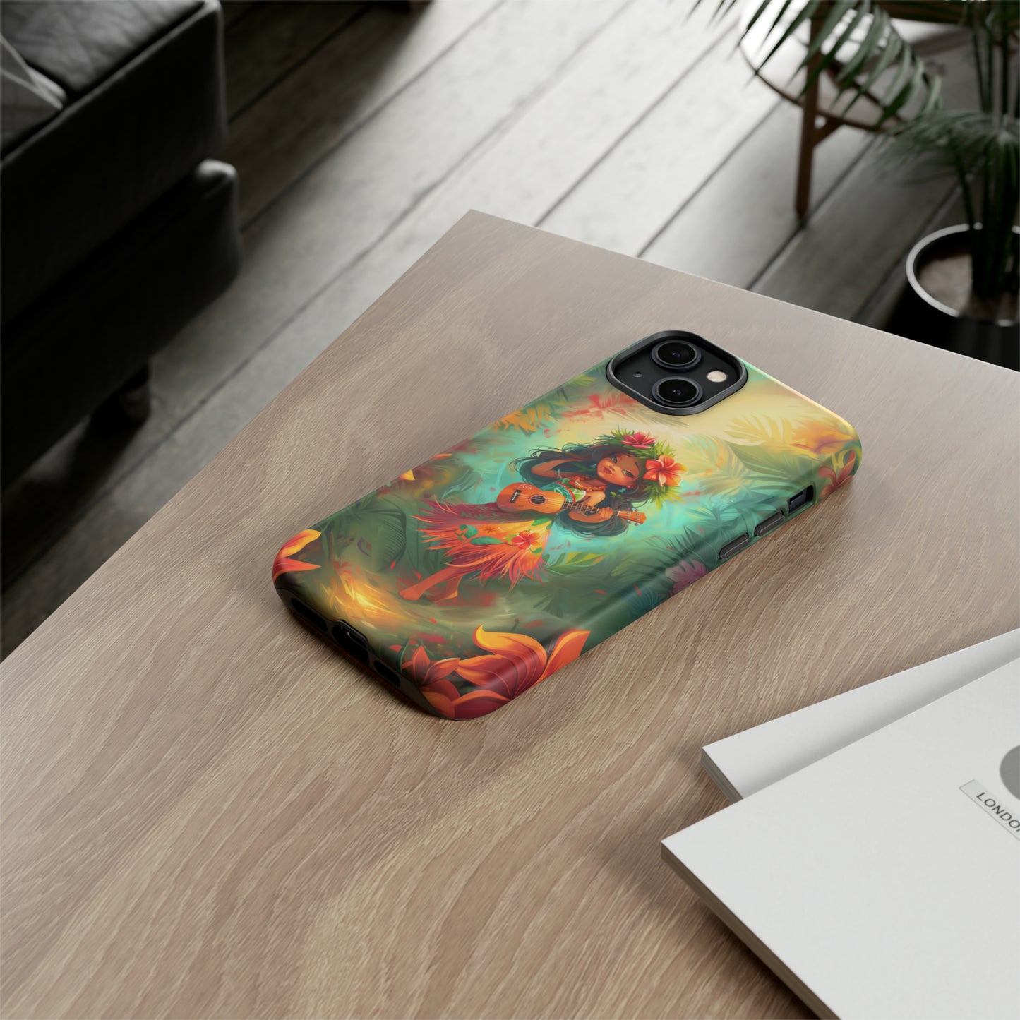 Cute Hula Girl Ukulele Hawaiian Phone Case, Tropical, Hibiscus, Wireless Compatible, Protective Cell Phone Case for iPhone, Samsung, Pixel