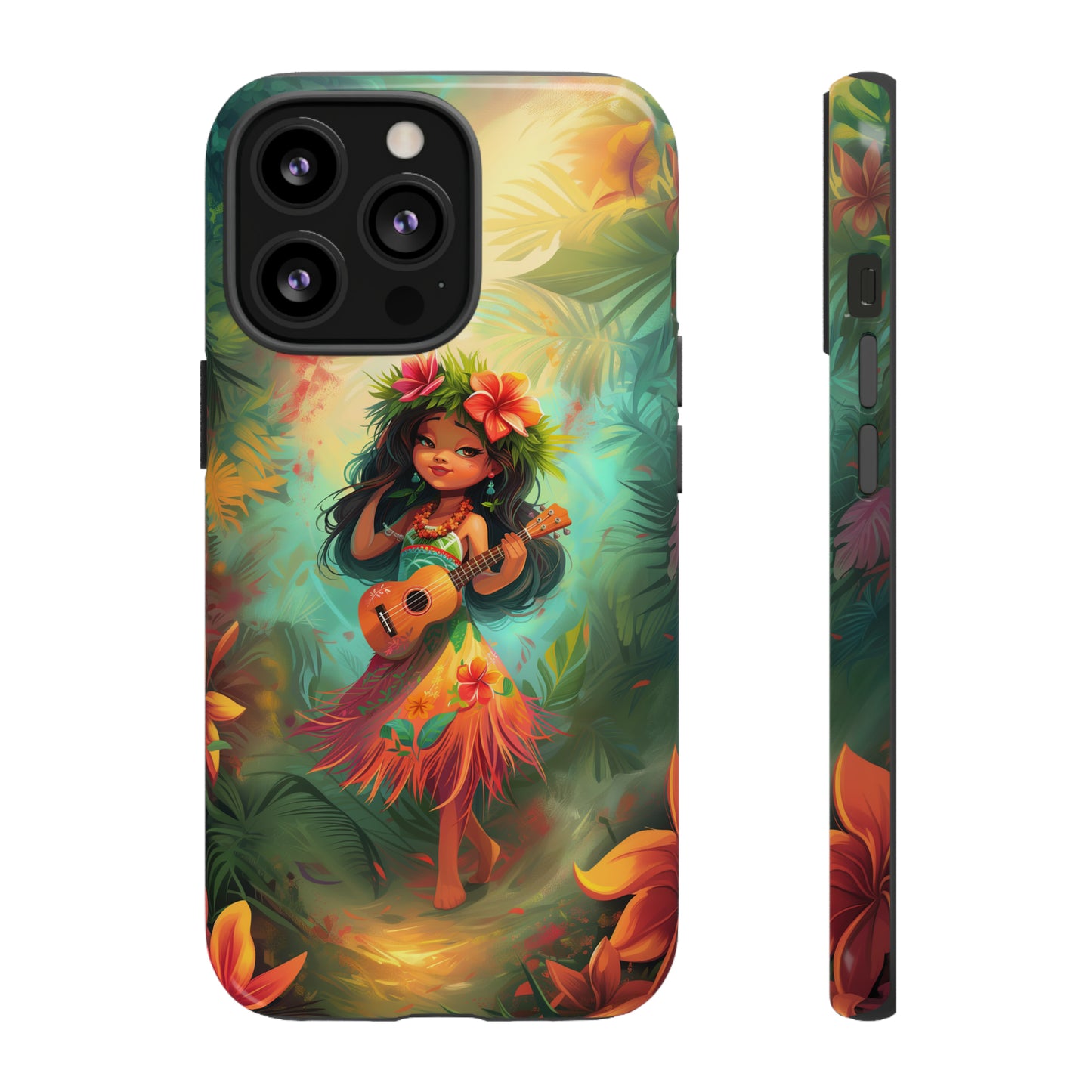 Cute Hula Girl Ukulele Hawaiian Phone Case, Tropical, Hibiscus, Wireless Compatible, Protective Cell Phone Case for iPhone, Samsung, Pixel