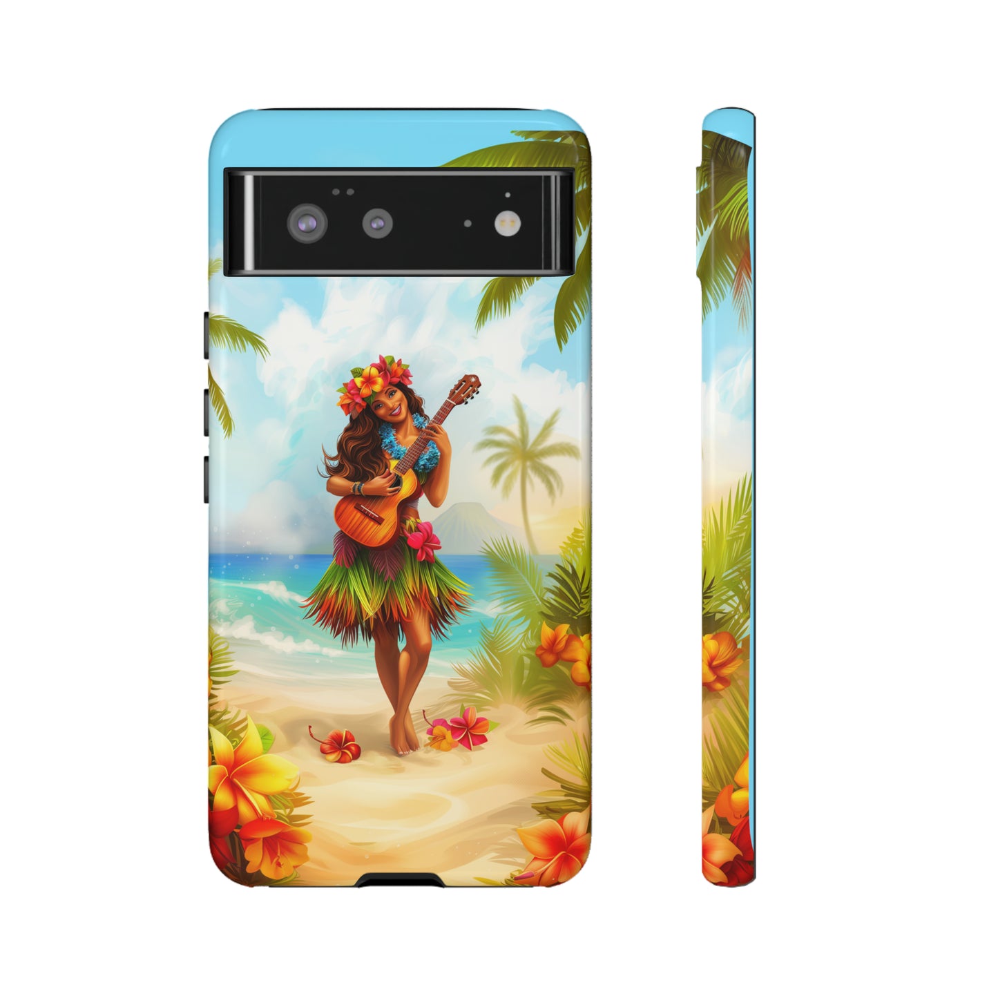 Hula Girl Guitar Hawaiian Phone Case, Tropical, Hibiscus, Wireless Compatible, Protective Cell Phone Case for iPhone, Samsung, Pixel phones