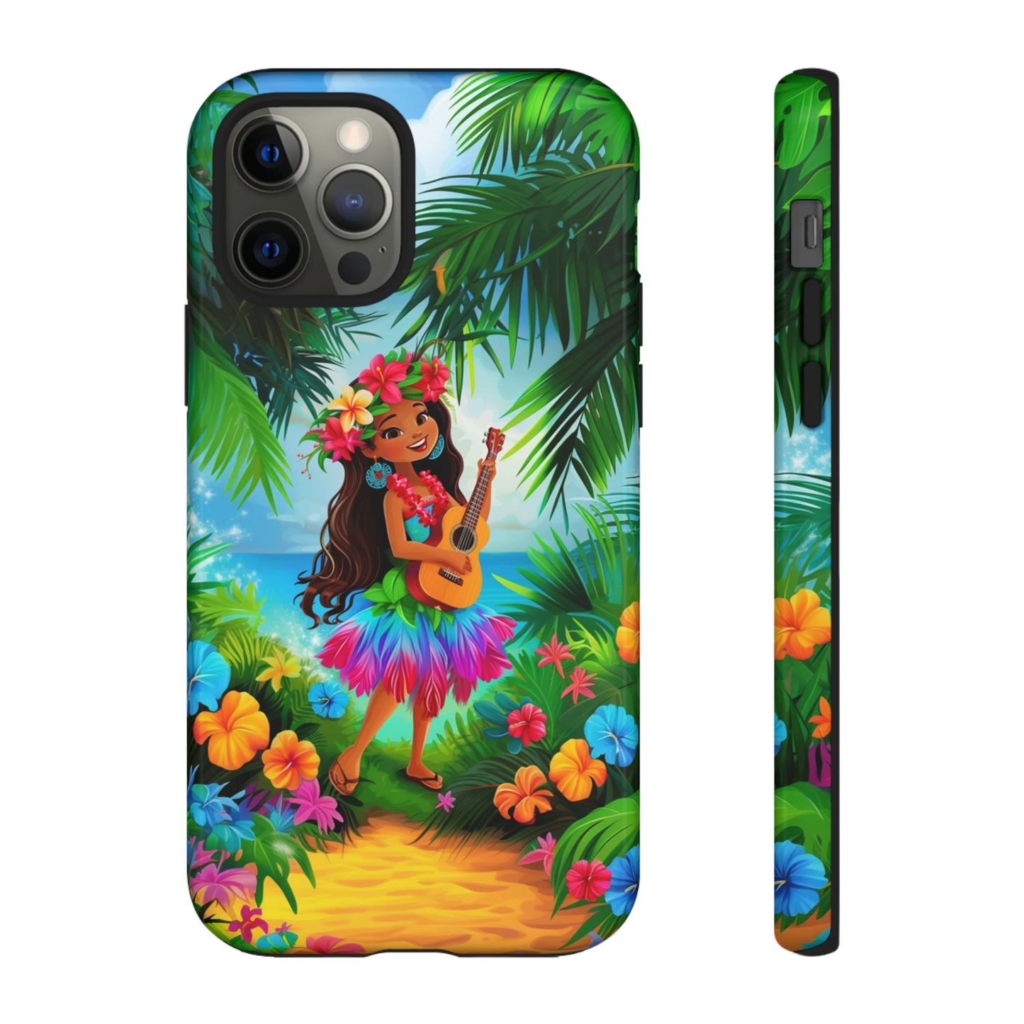 Hula Girl Ukulele Hawaiian Phone Case, Tropical, Hibiscus, Wireless Compatible, Protective Cell Phone Case for iPhone, Samsung, Pixel phones