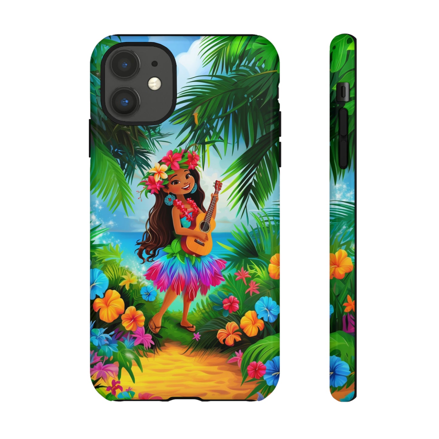 Hula Girl Ukulele Hawaiian Phone Case, Tropical, Hibiscus, Wireless Compatible, Protective Cell Phone Case for iPhone, Samsung, Pixel phones