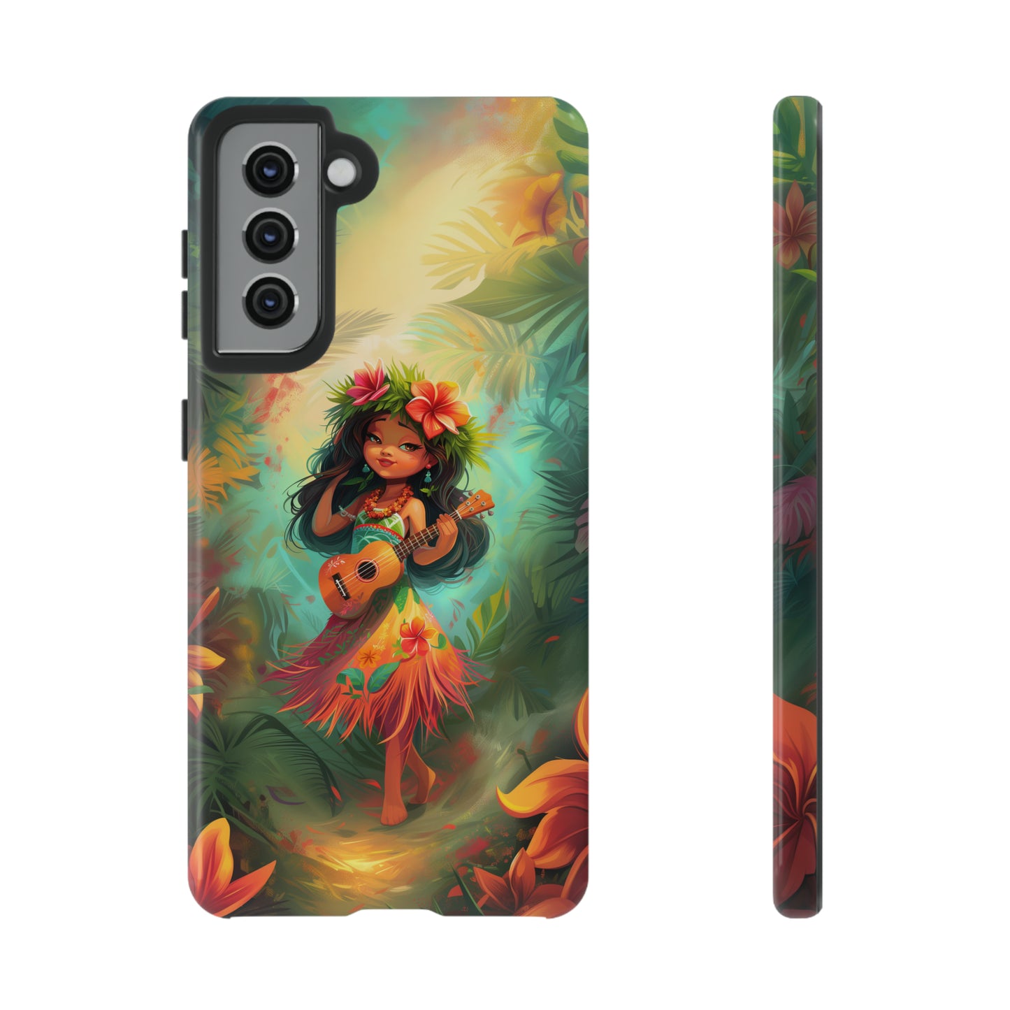 Cute Hula Girl Ukulele Hawaiian Phone Case, Tropical, Hibiscus, Wireless Compatible, Protective Cell Phone Case for iPhone, Samsung, Pixel