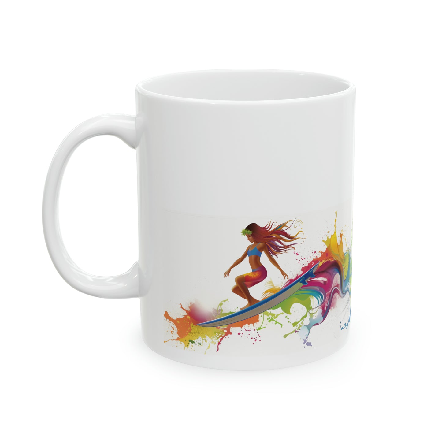 Surfer Girl Walking Board Colorful Hawaiian Ceramic Mug 11oz, Hawaii Mug, HI Mug, Aloha Mug, 808 Mug, Island Mug, Tropical Mug, Coffee Mug